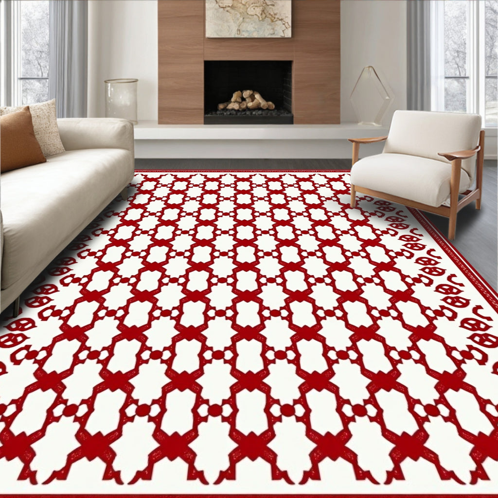 Crimson Lattice Geometric Arrangement Rug