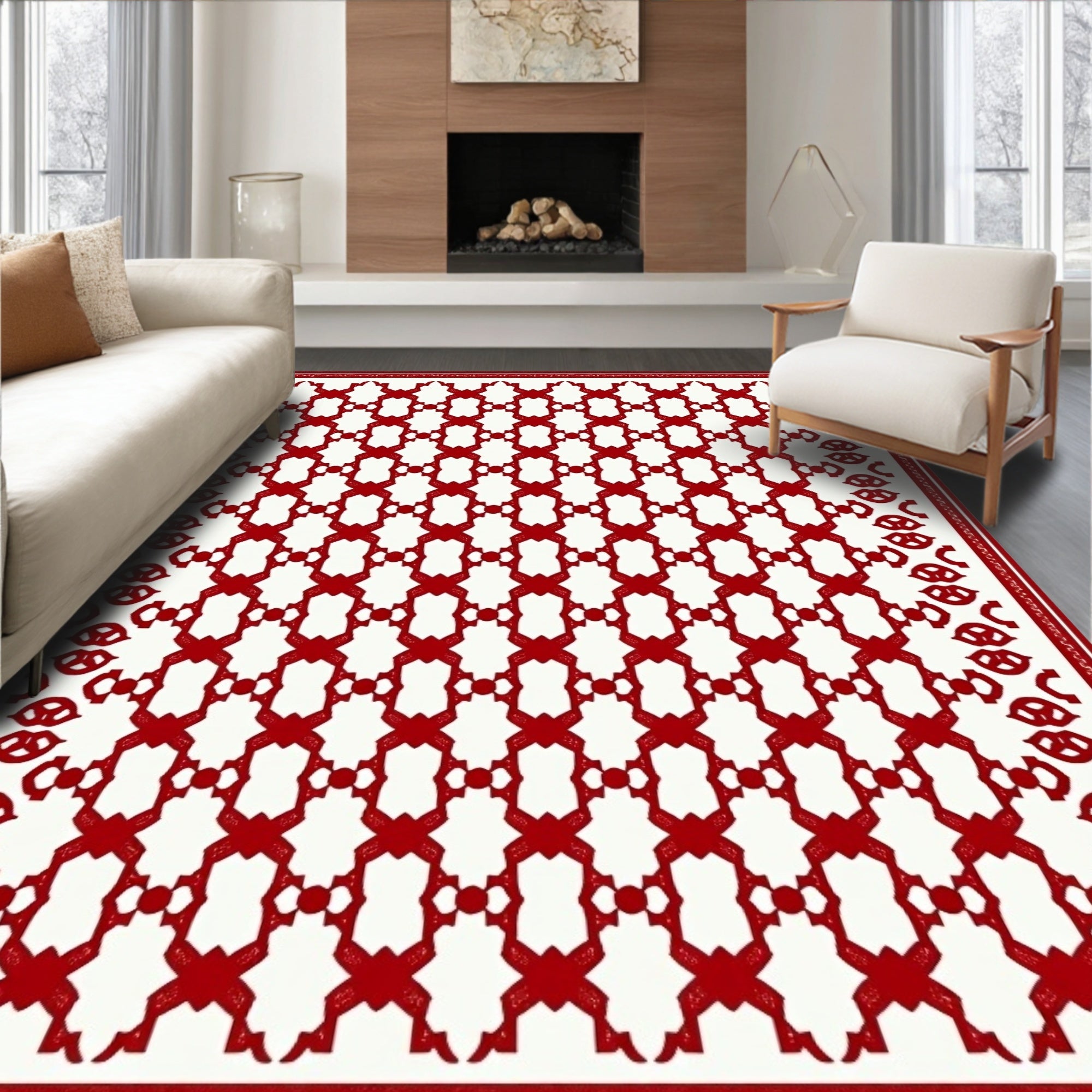 Crimson Lattice Geometric Arrangement Rug