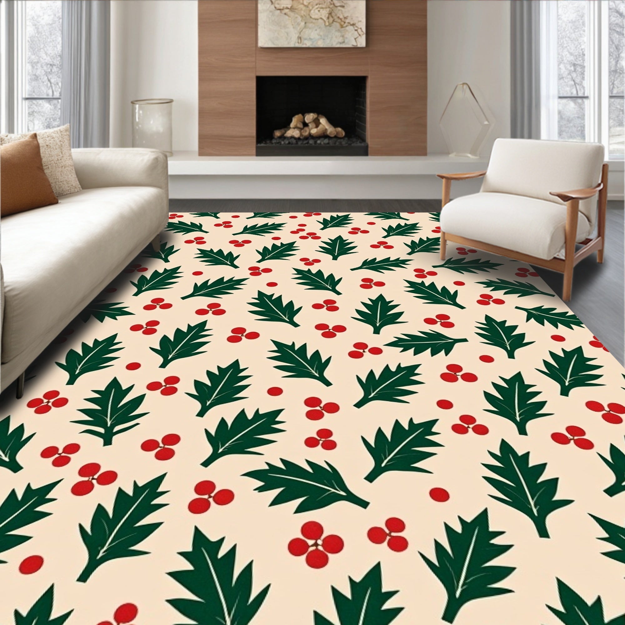 Festive Holly Berry Leaf Cluster Accent Rug