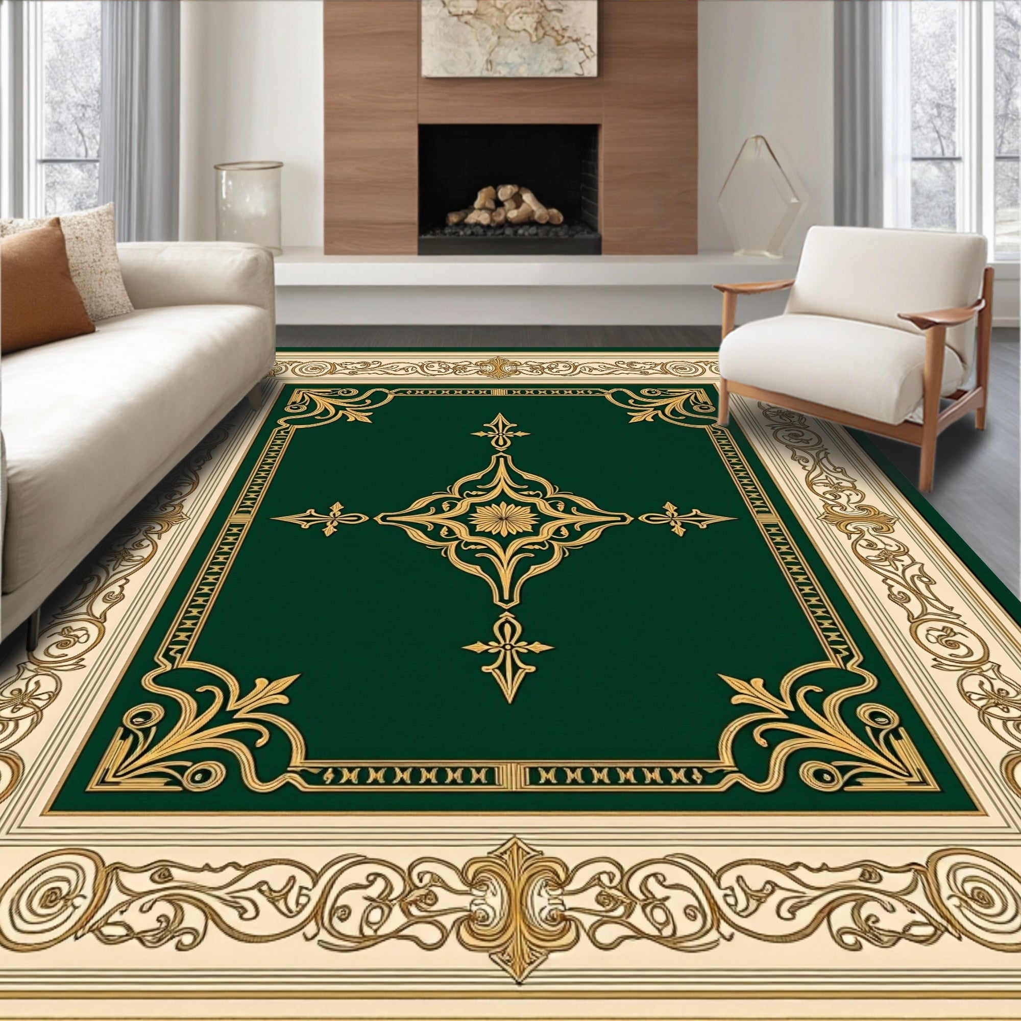 Emerald Green Golden Filigree Border Rug