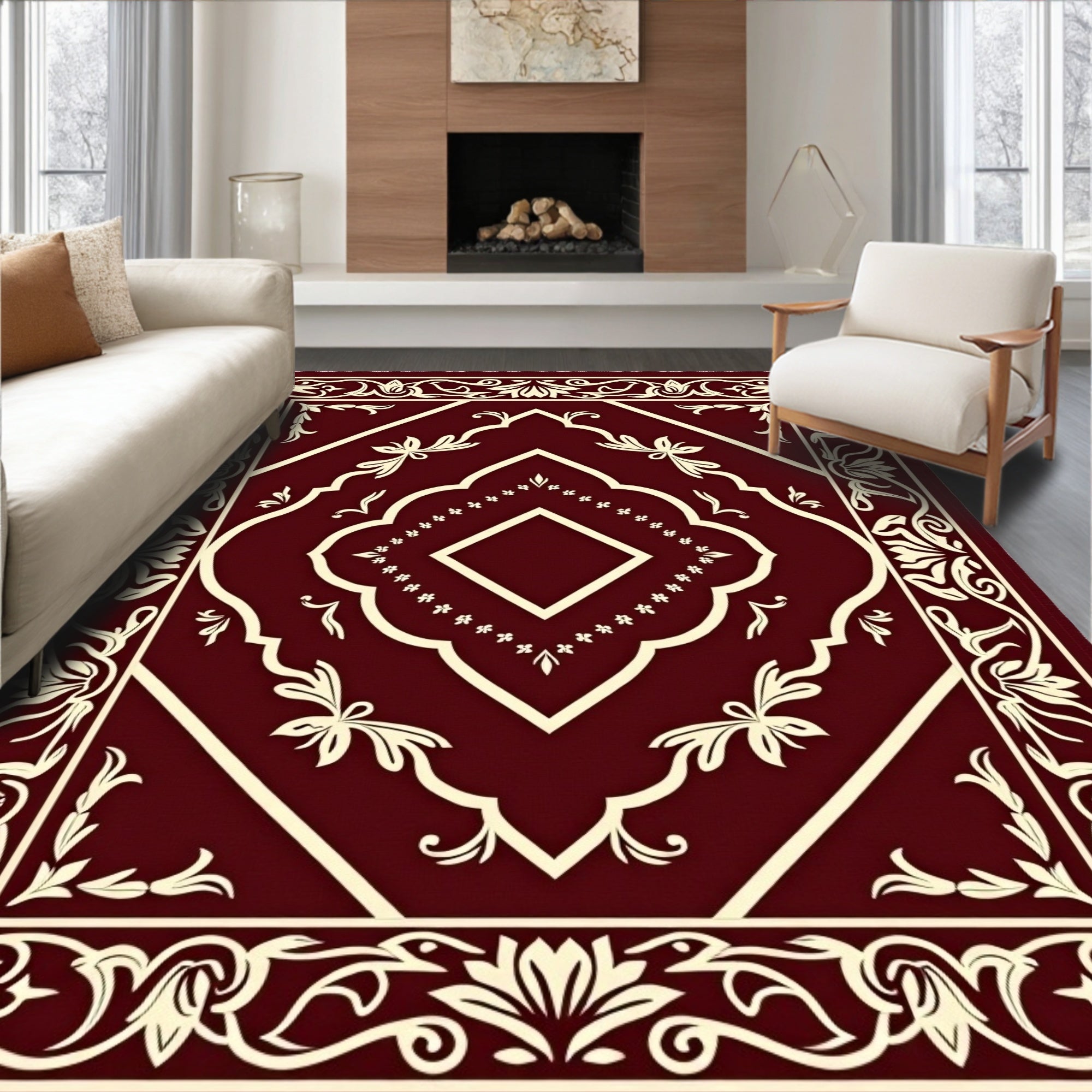 Burgundy Cream Floral Intricate Mandala Rug