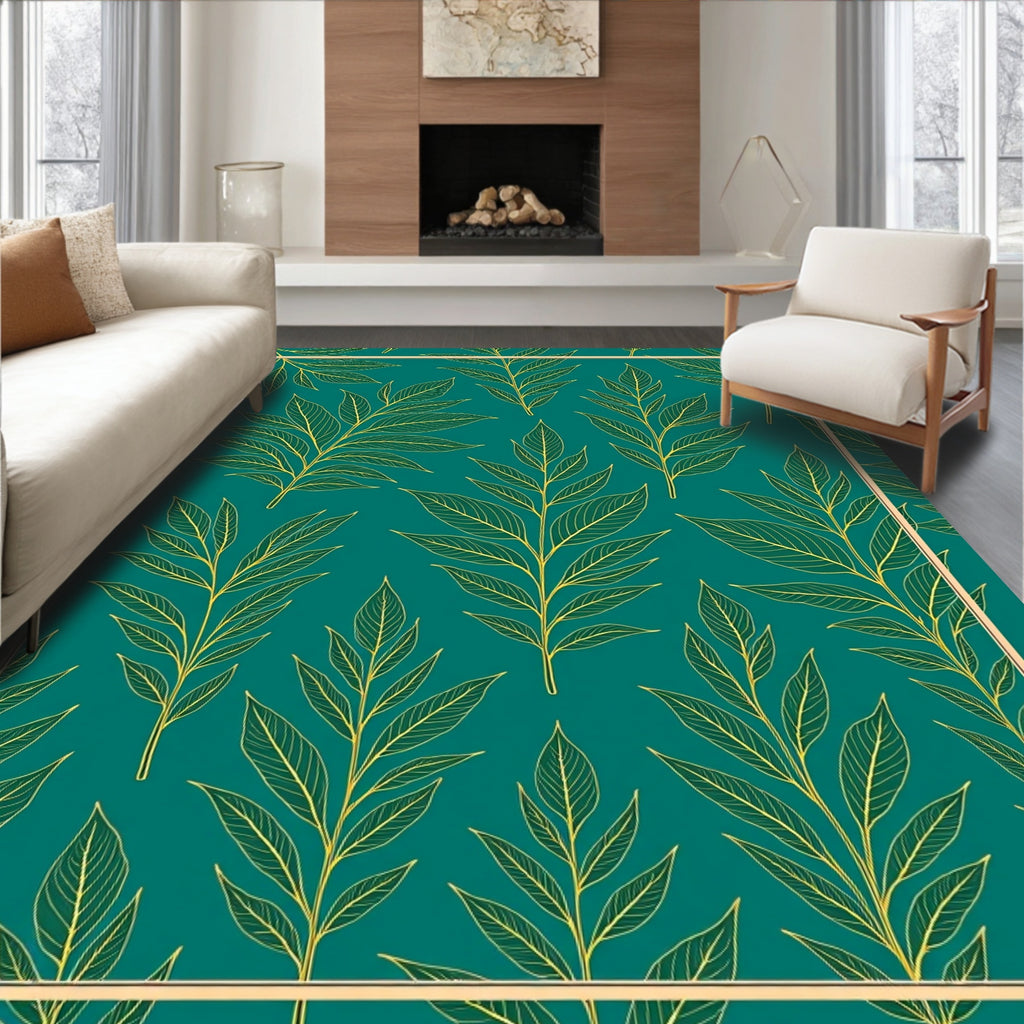 Teal Golden Branch Foliage Art Rug