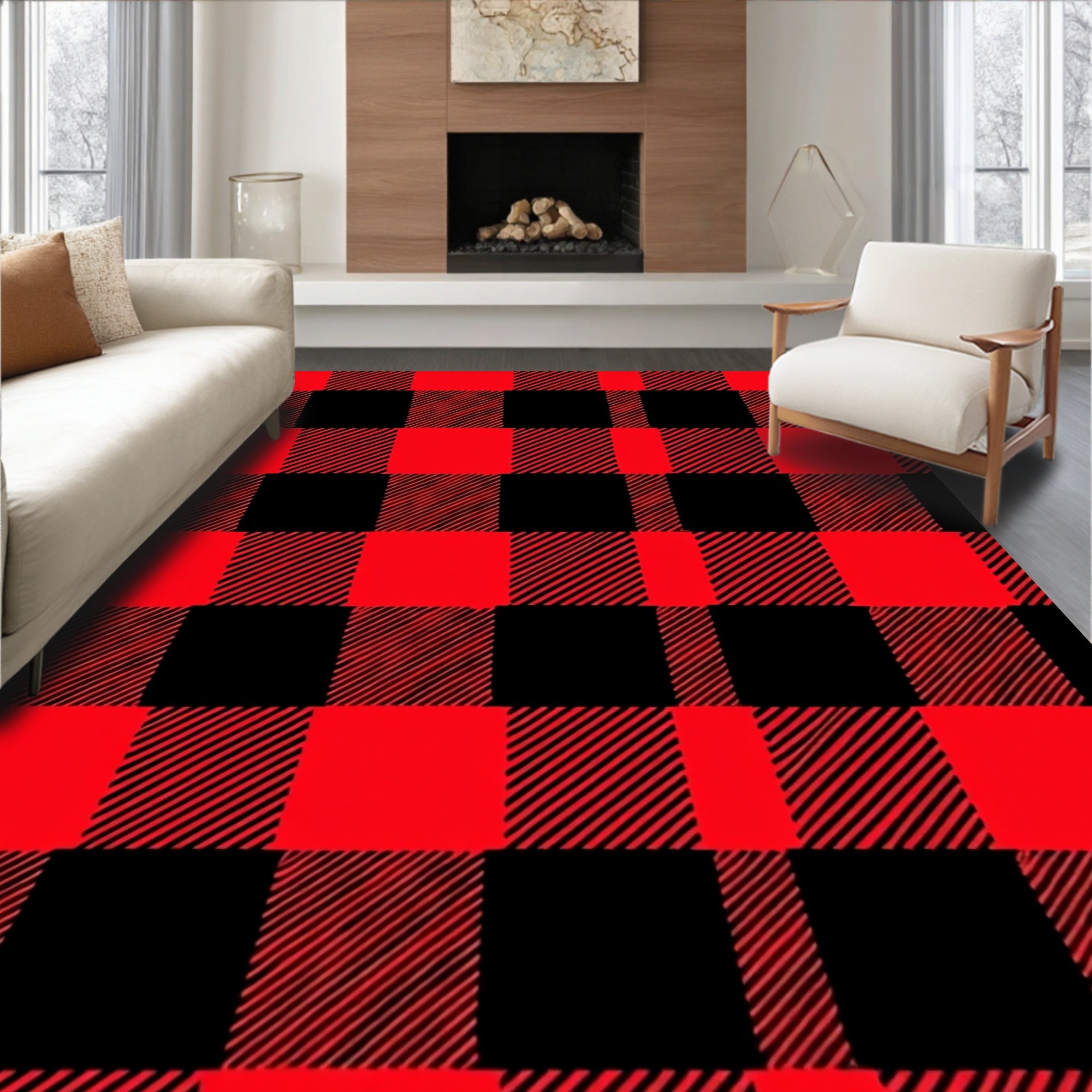Bold Red Black Buffalo Check Plaid Rug