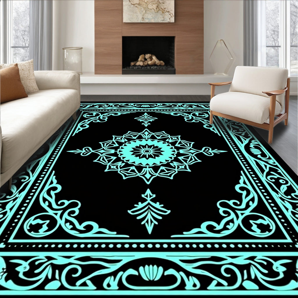 Aqua Black Intricate Medallion Border Rug