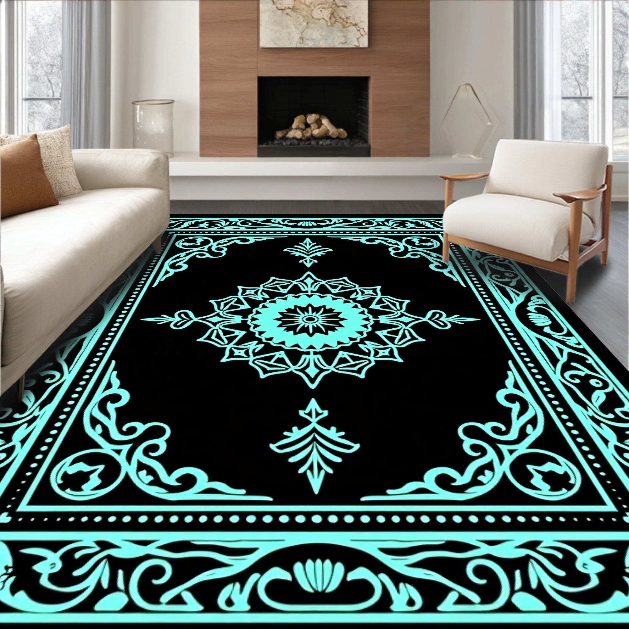 Aqua Black Intricate Medallion Border Rug