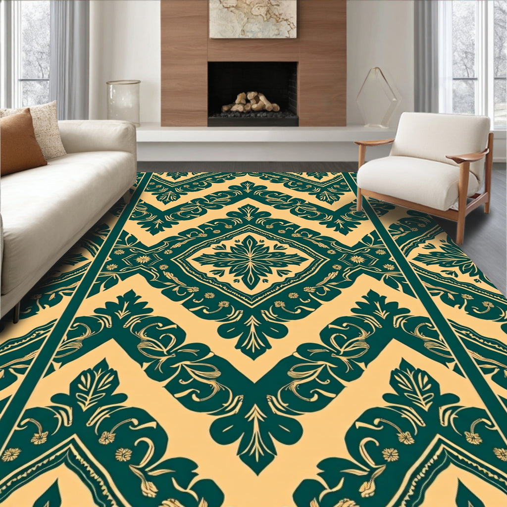 Teal Yellow Damask Medallion Arrangement Rug