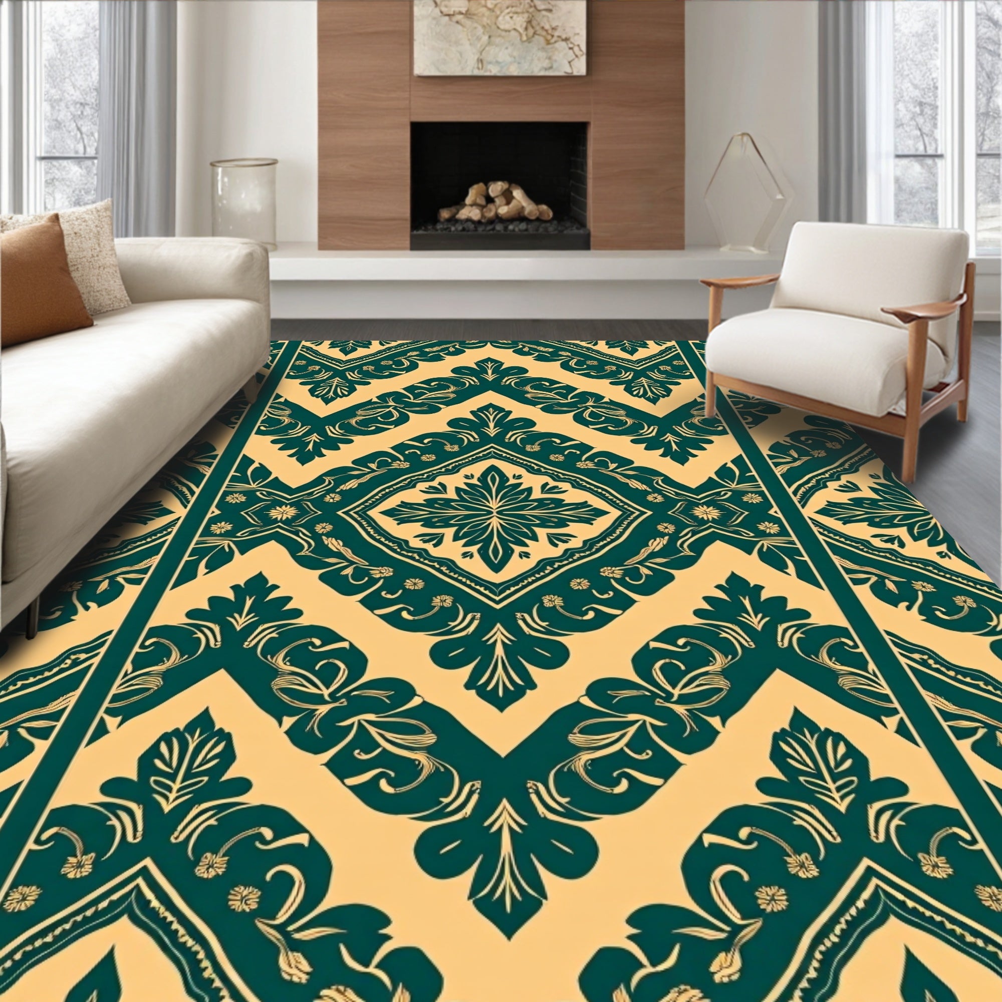 Teal Yellow Damask Medallion Arrangement Rug
