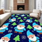 Cheerful Blue Gnomes Green Forest Snowflakes Rug
