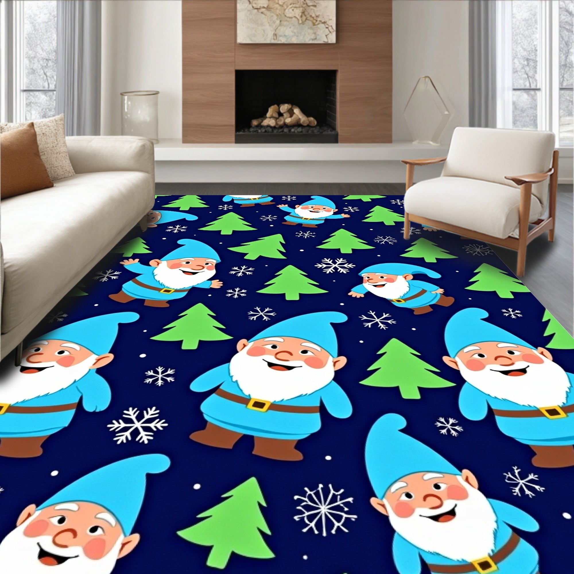 Cheerful Blue Gnomes Green Forest Snowflakes Rug