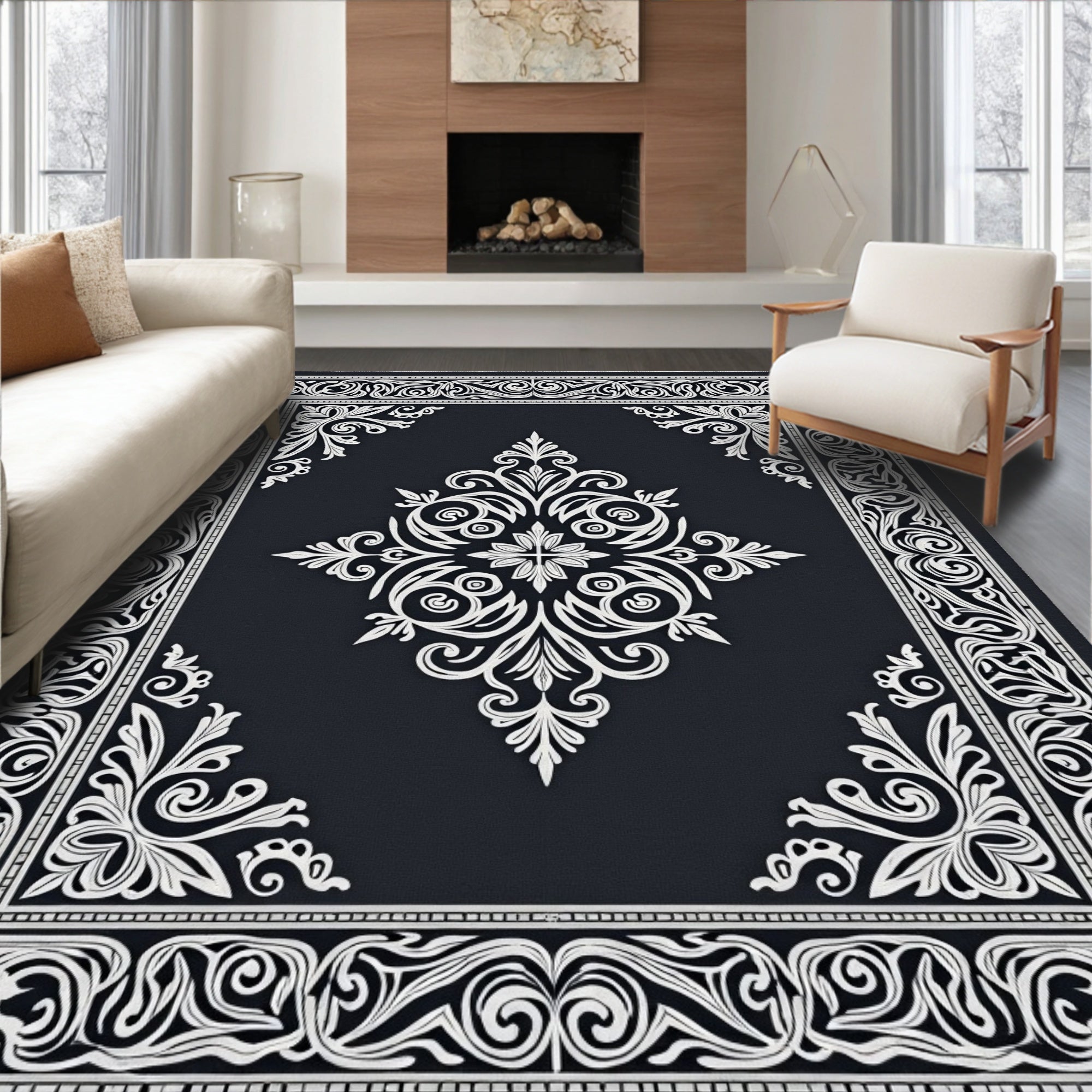 Ornate Black White Scrollwork Interior Rug
