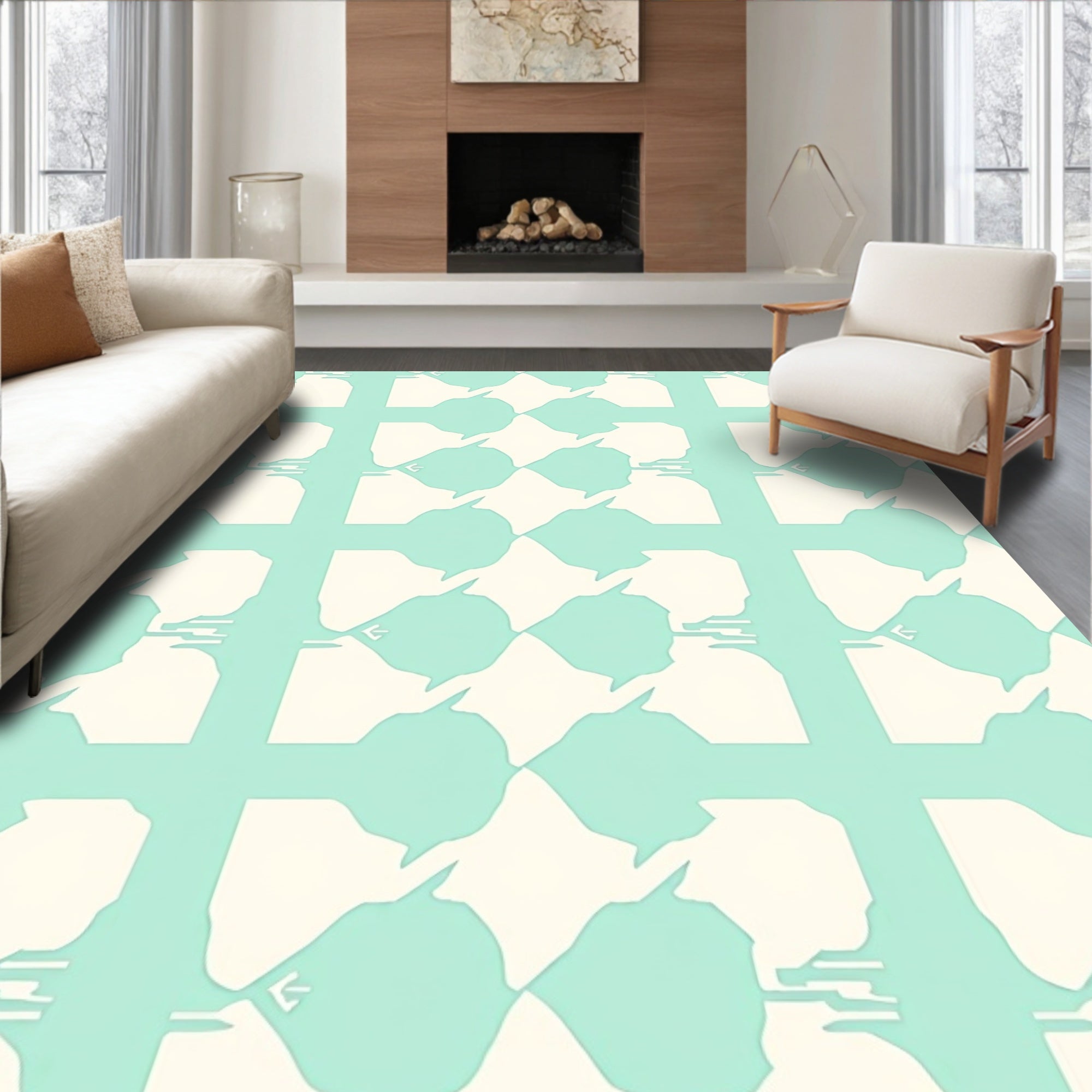 Mint And Cream Geometric Overlay Rug