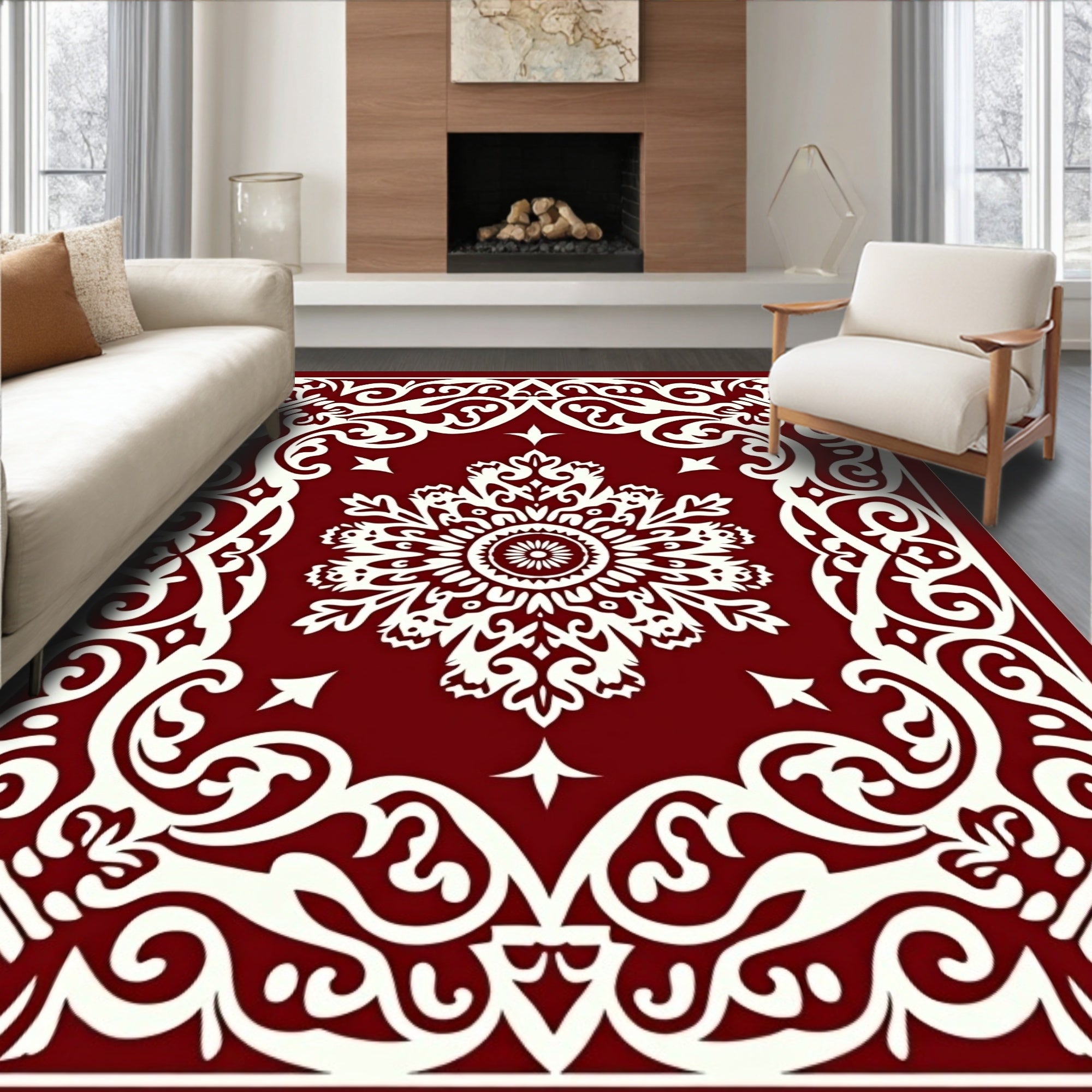 Crimson Ivory Ornate Medallion Border Rug