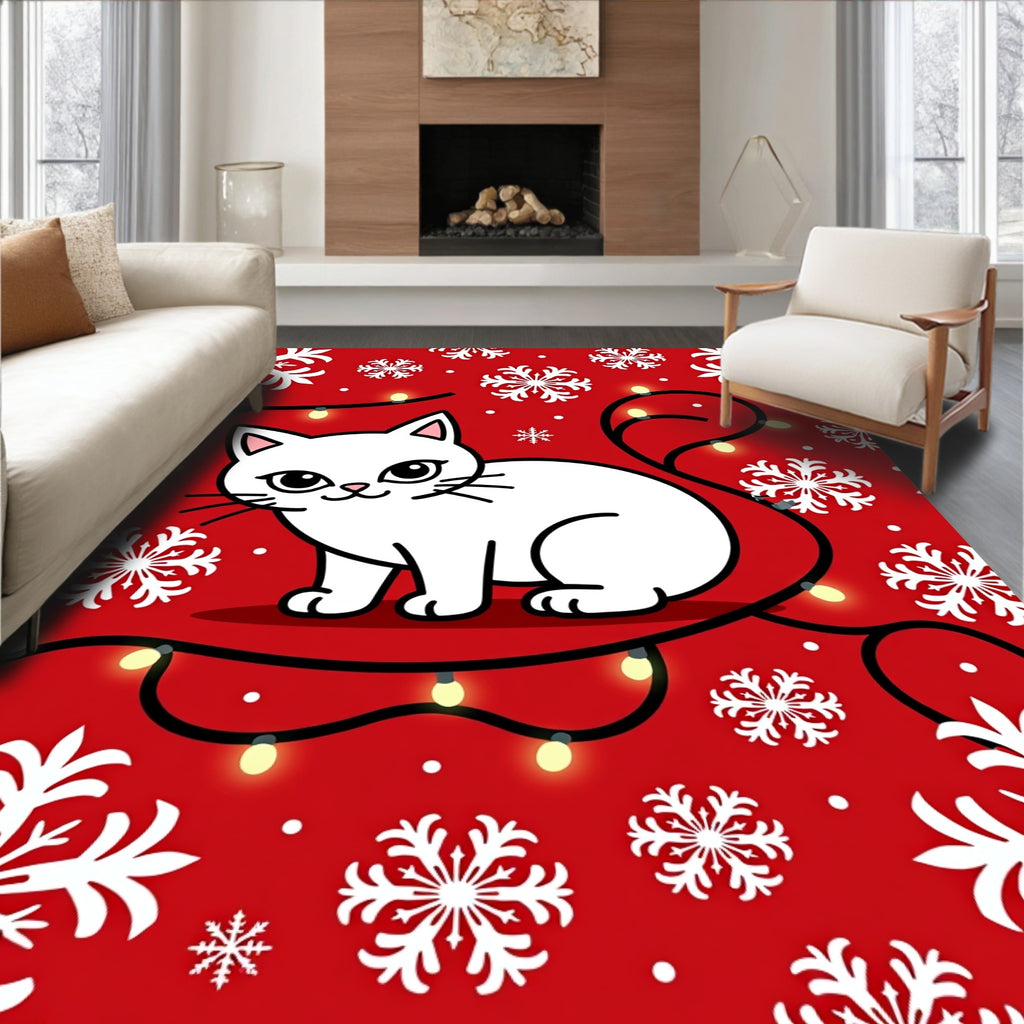 Cute White Cat Snowflake Holiday Lights Rug
