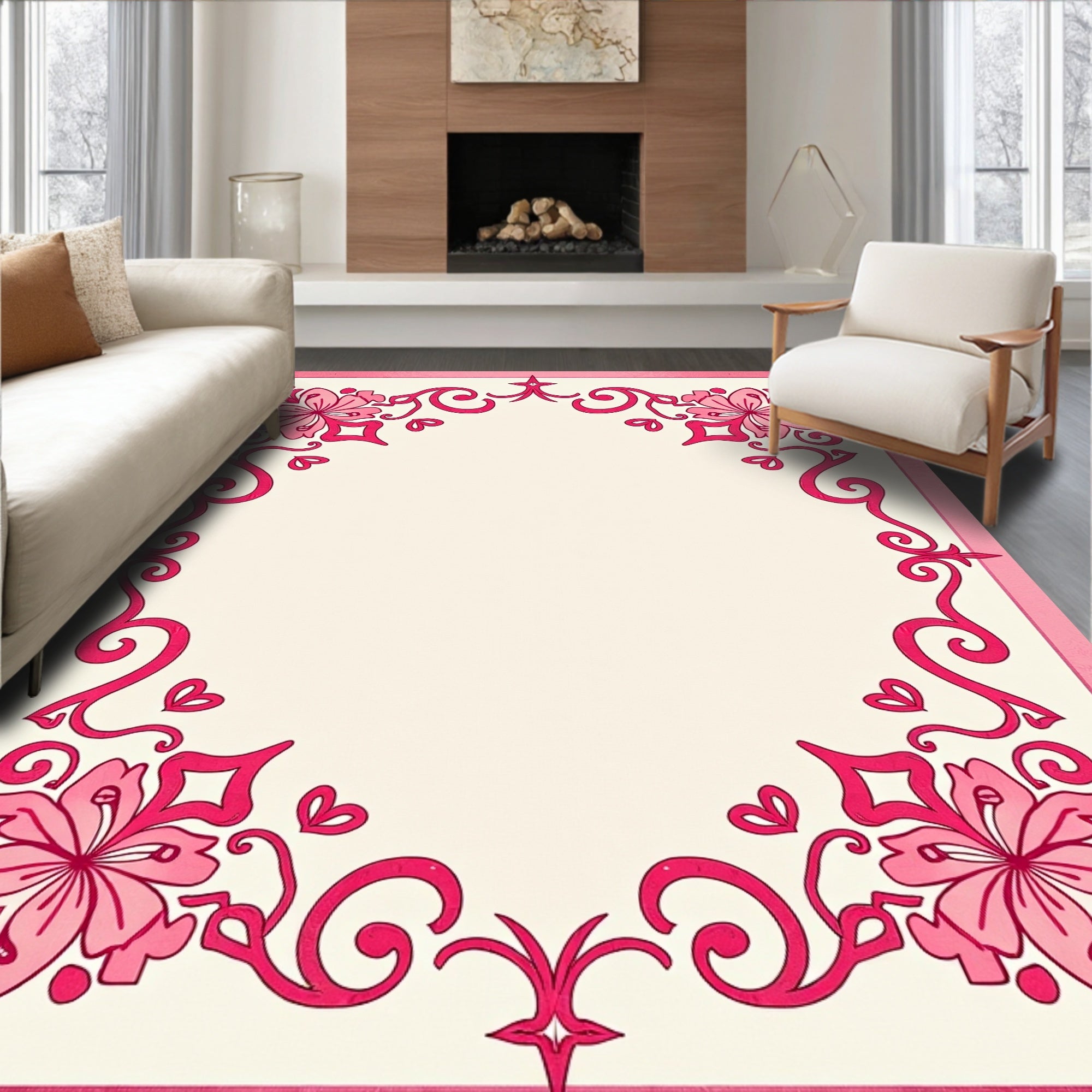 Fuchsia Floral Swirl Corner Frame Rug