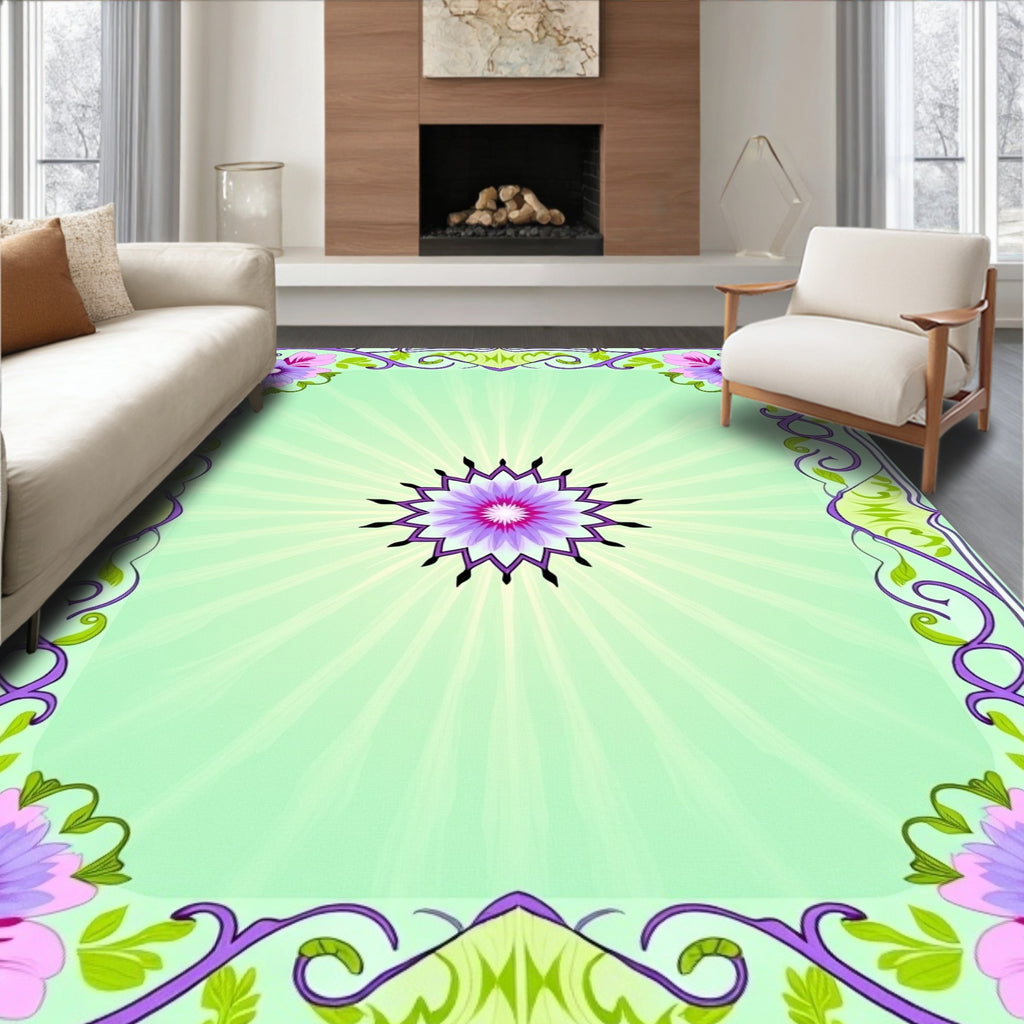Purple Floral Frame Light Green Sunburst Rug