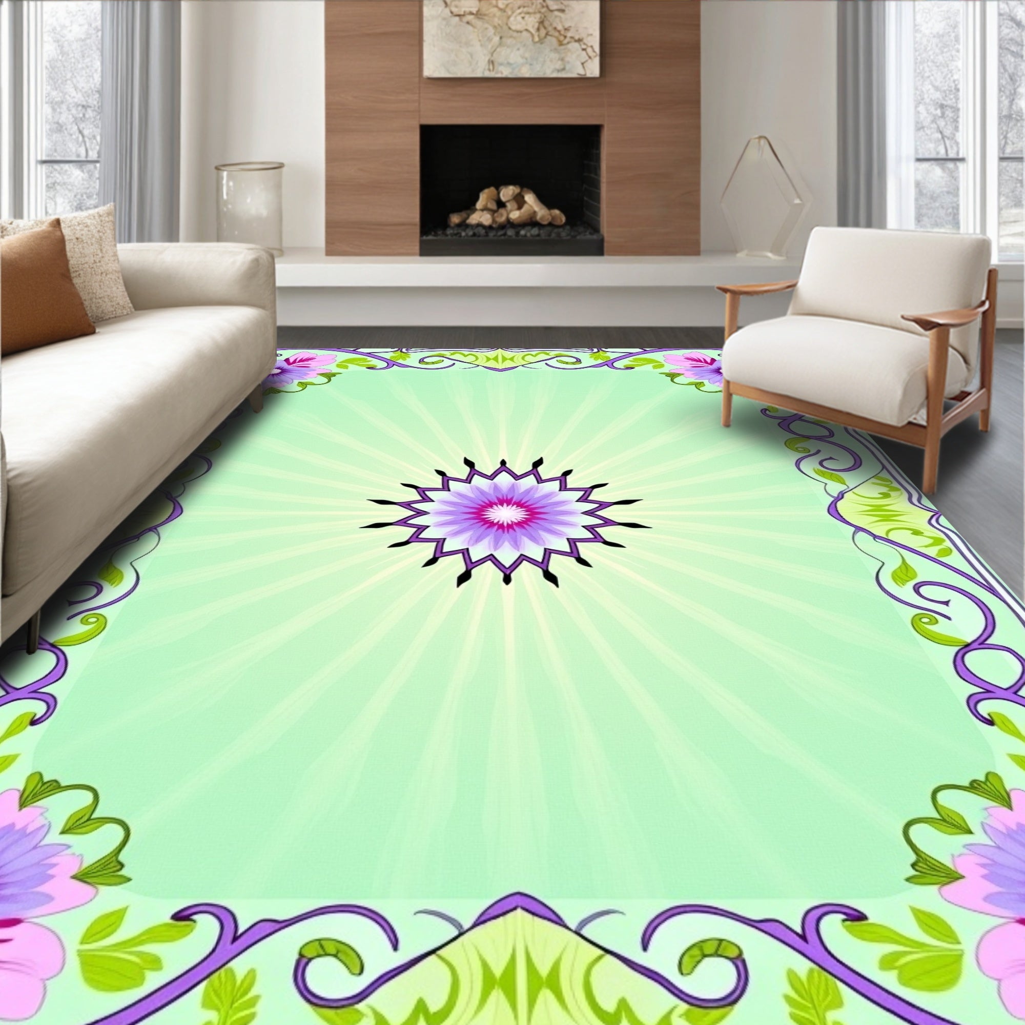 Purple Floral Frame Light Green Sunburst Rug