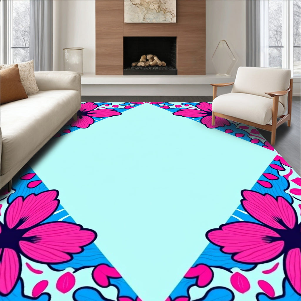 Vibrant Pink Blue Floral Corner Motif Rug