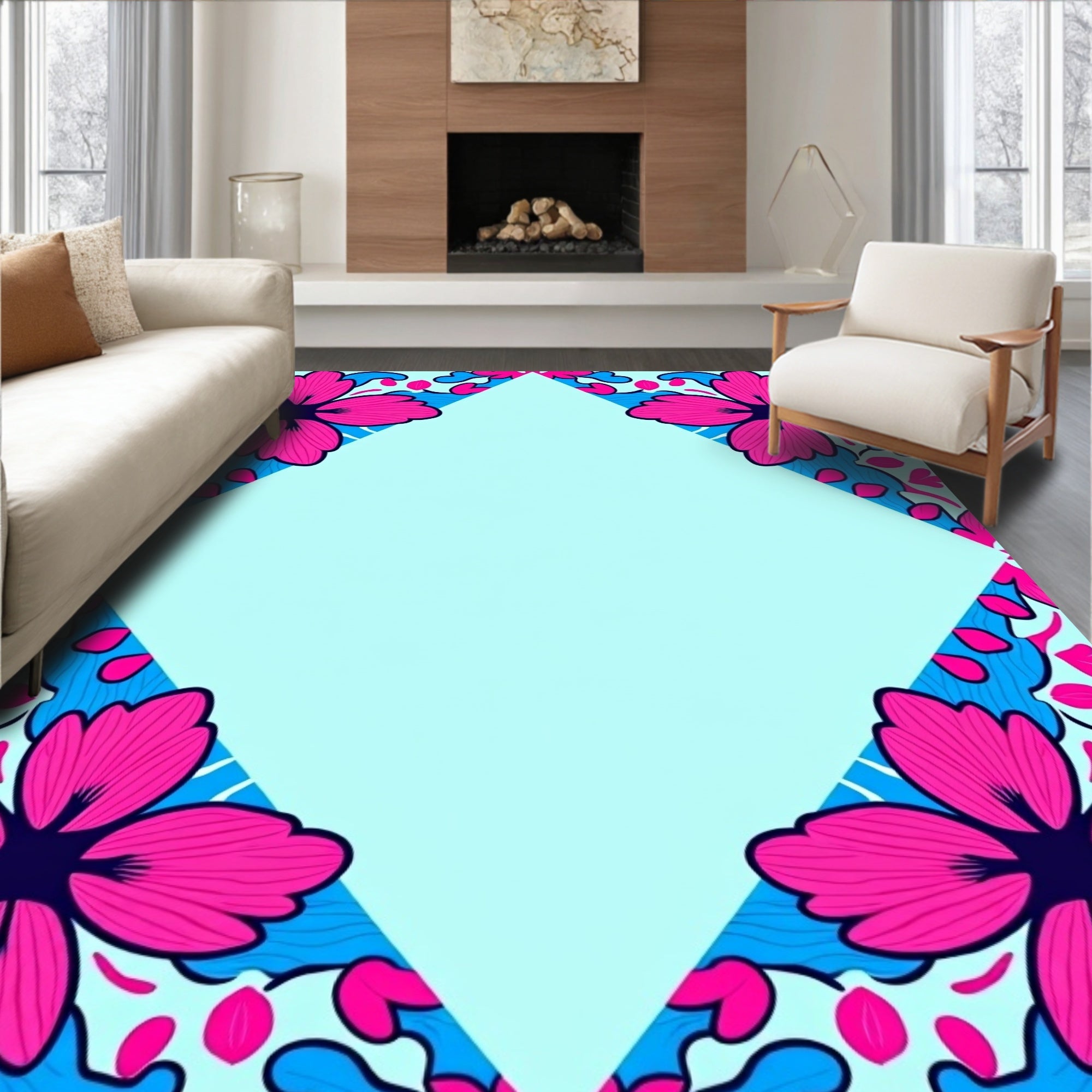 Vibrant Pink Blue Floral Corner Motif Rug