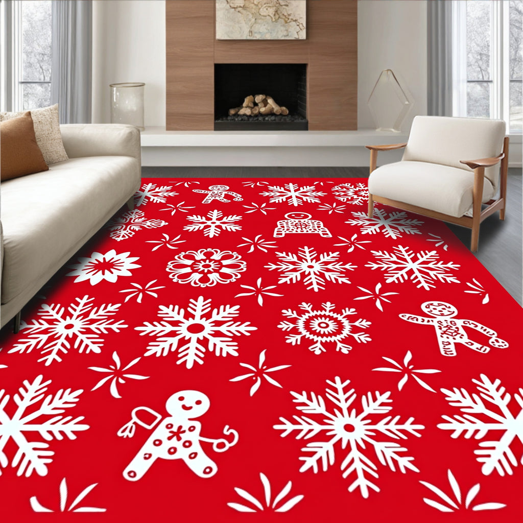 Red White Snowflakes Gingerbread Men Festive Rug