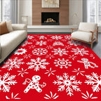 Red White Snowflakes Gingerbread Men Festive Rug