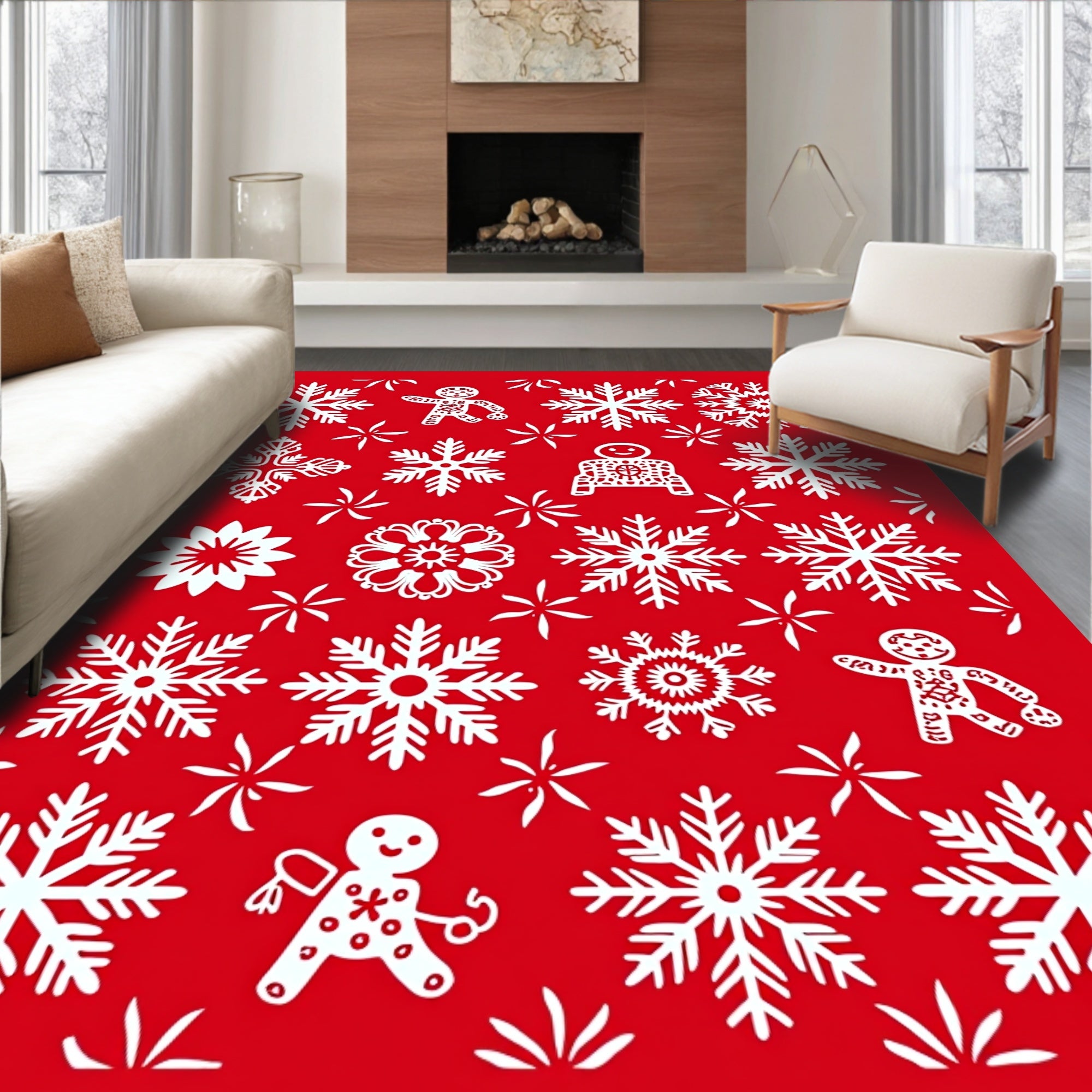 Red White Snowflakes Gingerbread Men Festive Rug