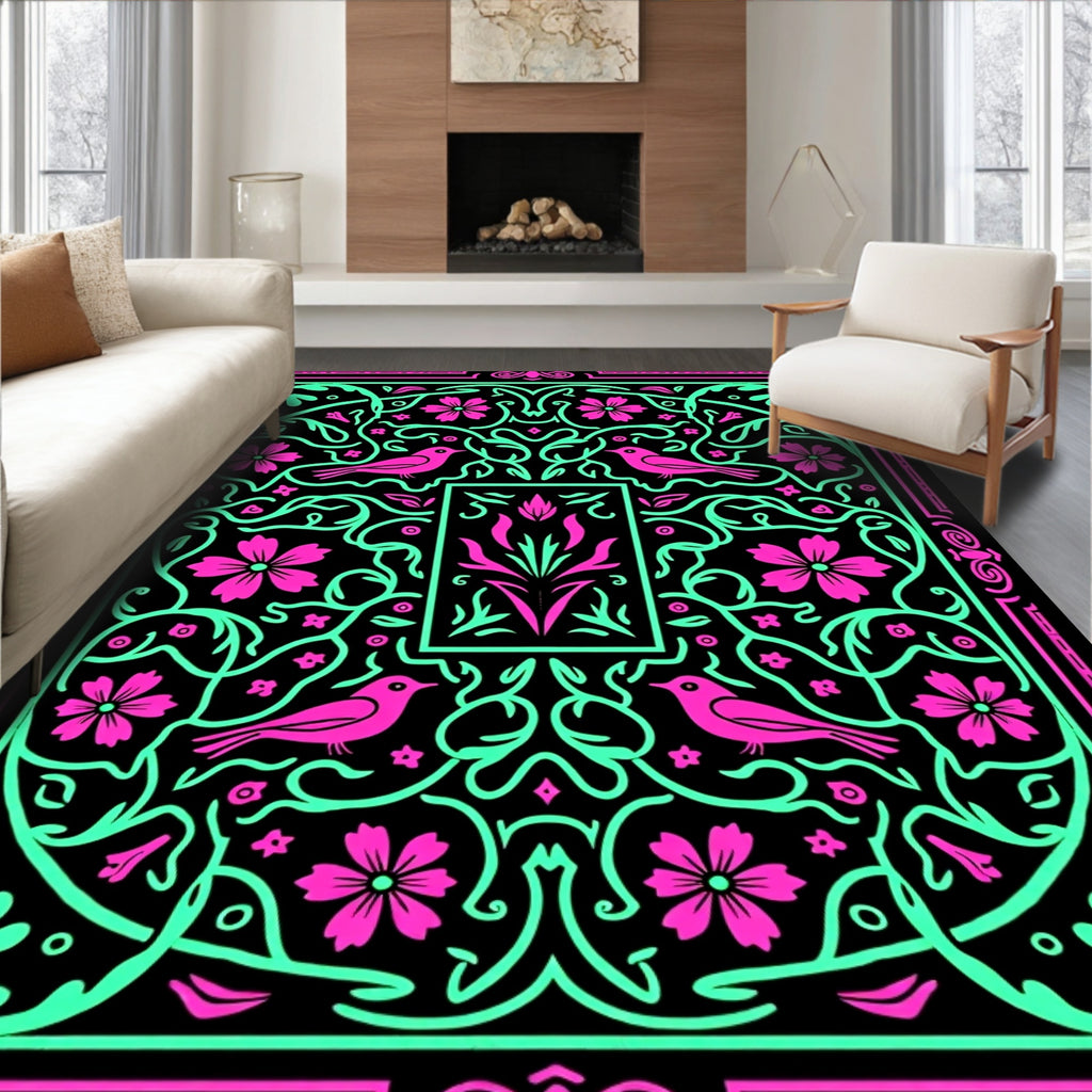 Vibrant Pink Birds Floral Garden Border Rug