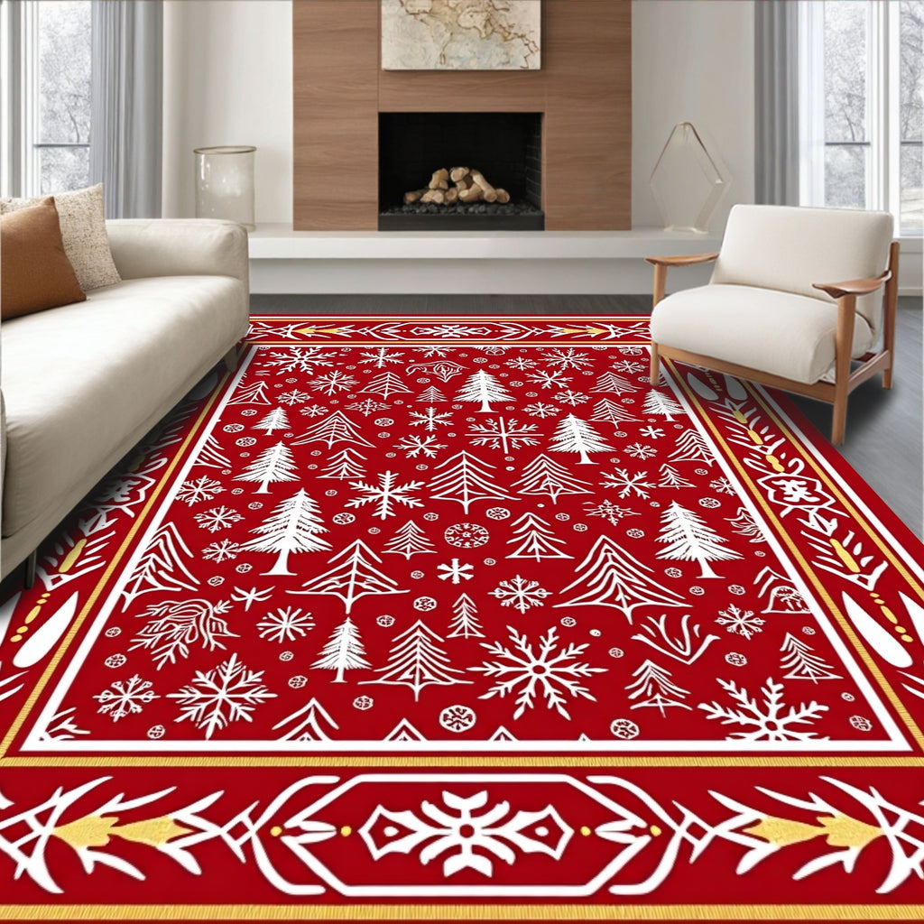 Crimson Snowflakes Pine Trees Border Rug