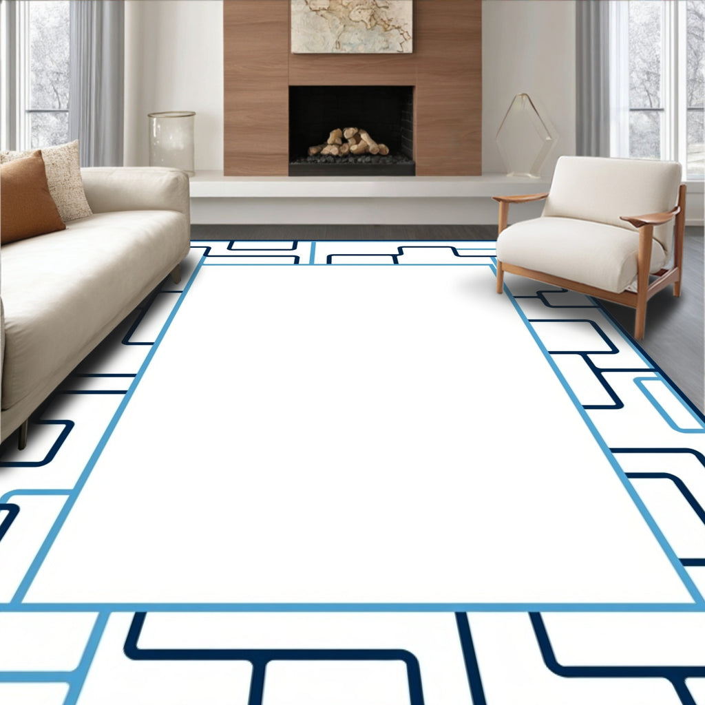 Navy Light Blue Geometric Interlocking Border Rug