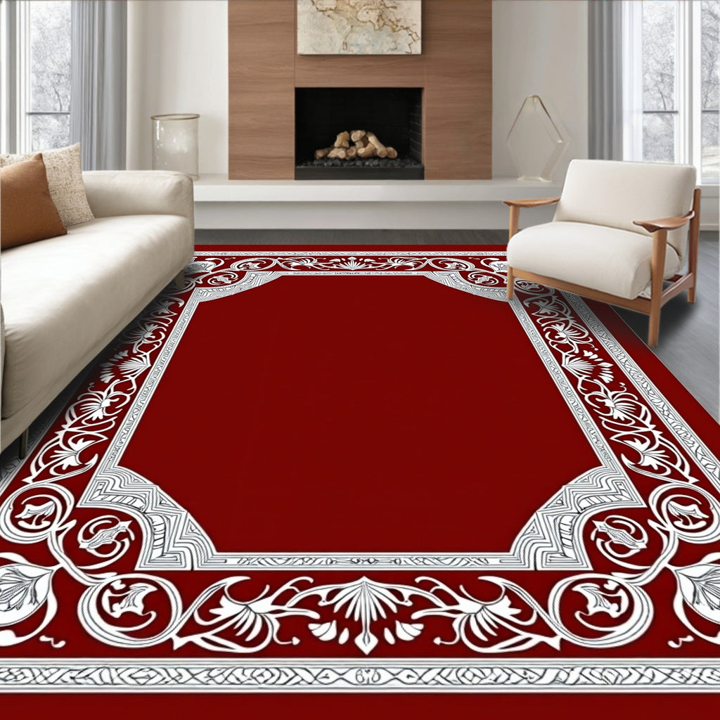 Rich Red White Floral Crest Border Rug