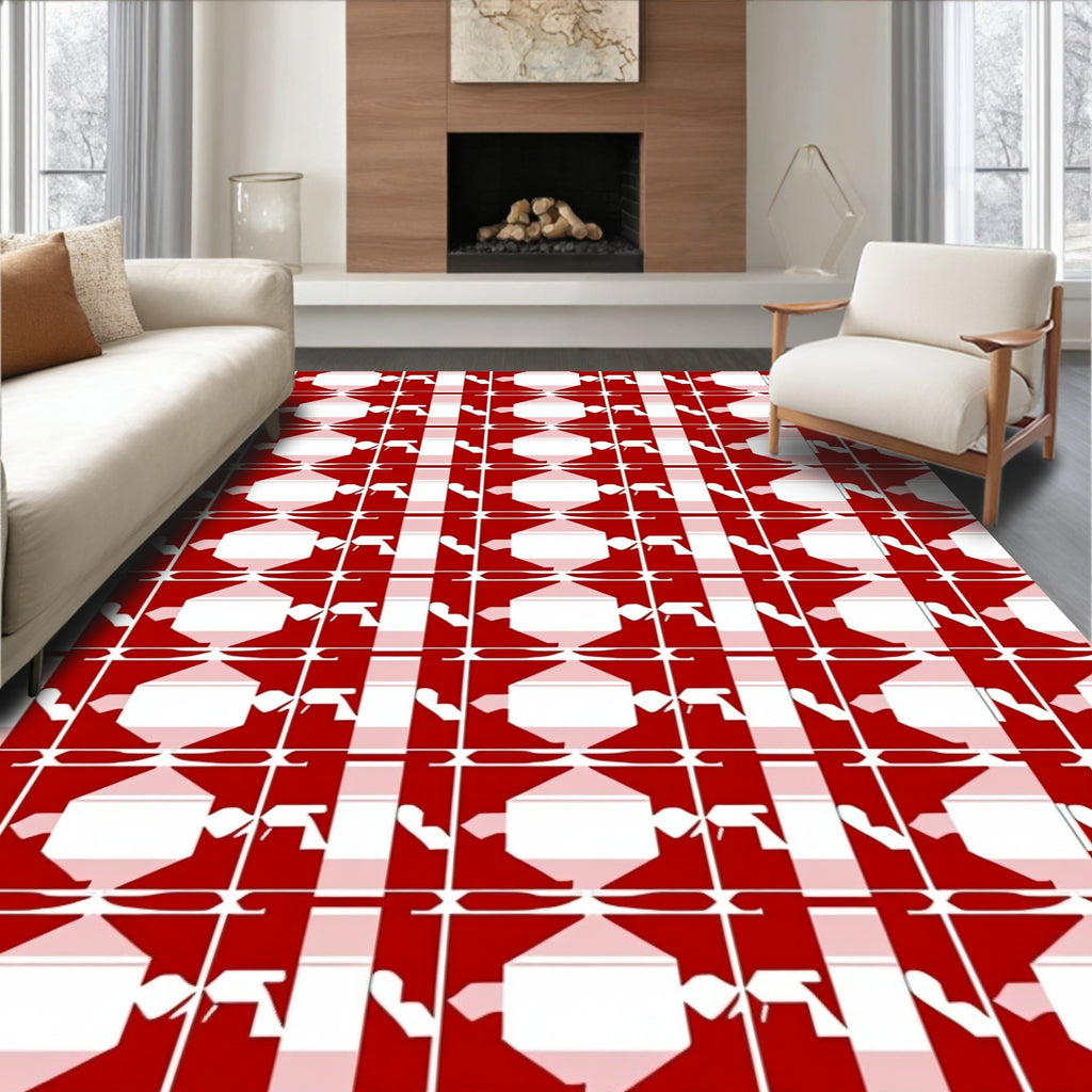 Crimson White Geometric Interlocking Lattice Rug
