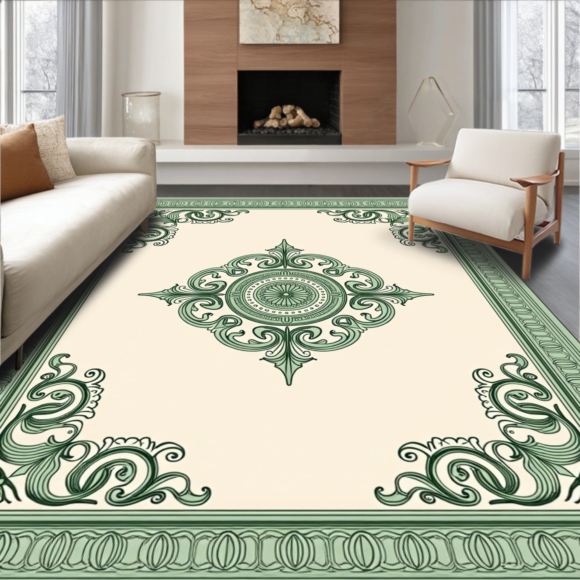 Neo-Classical Green Oval Medallion Rug
