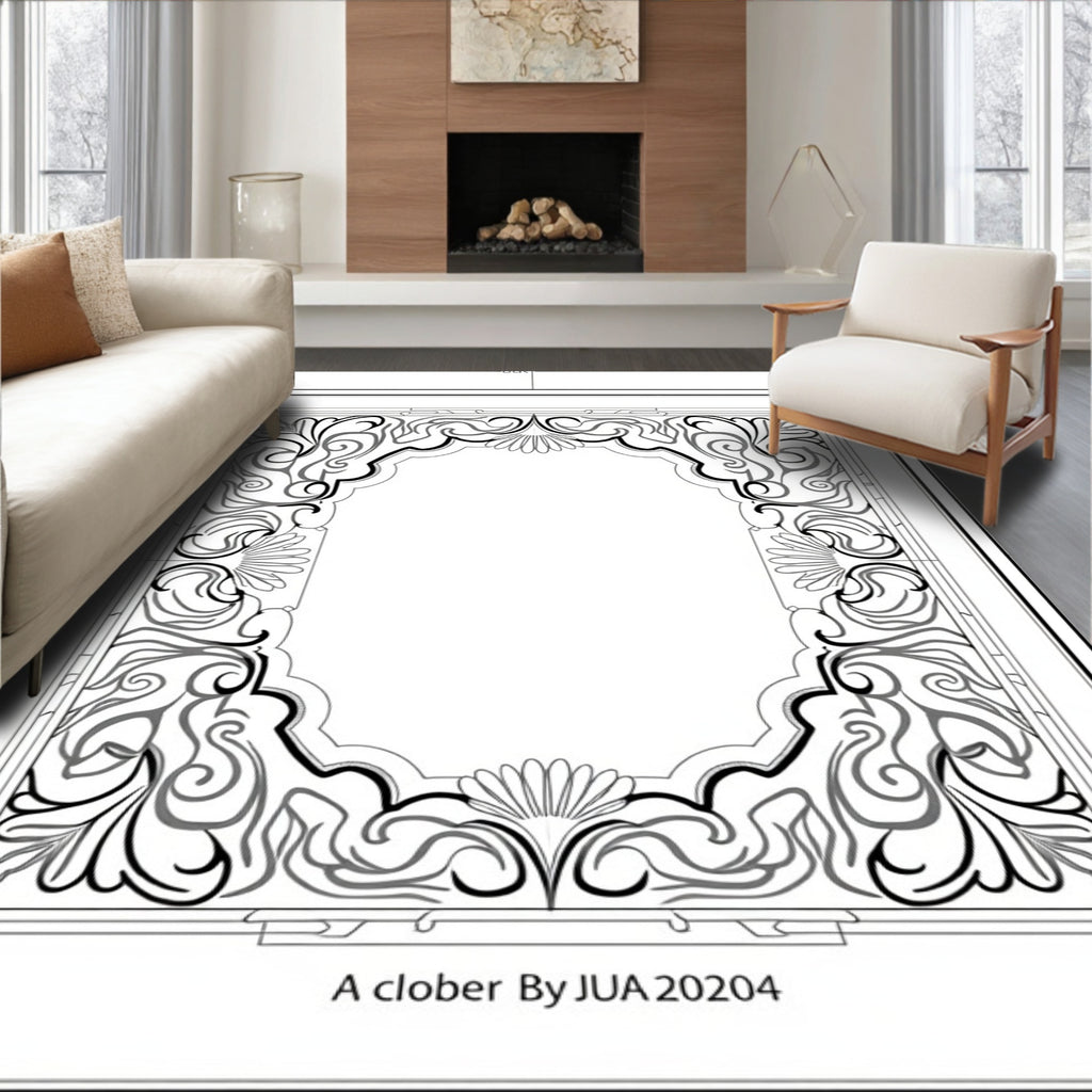 Ornate Black Gray Scroll Medallion Rug