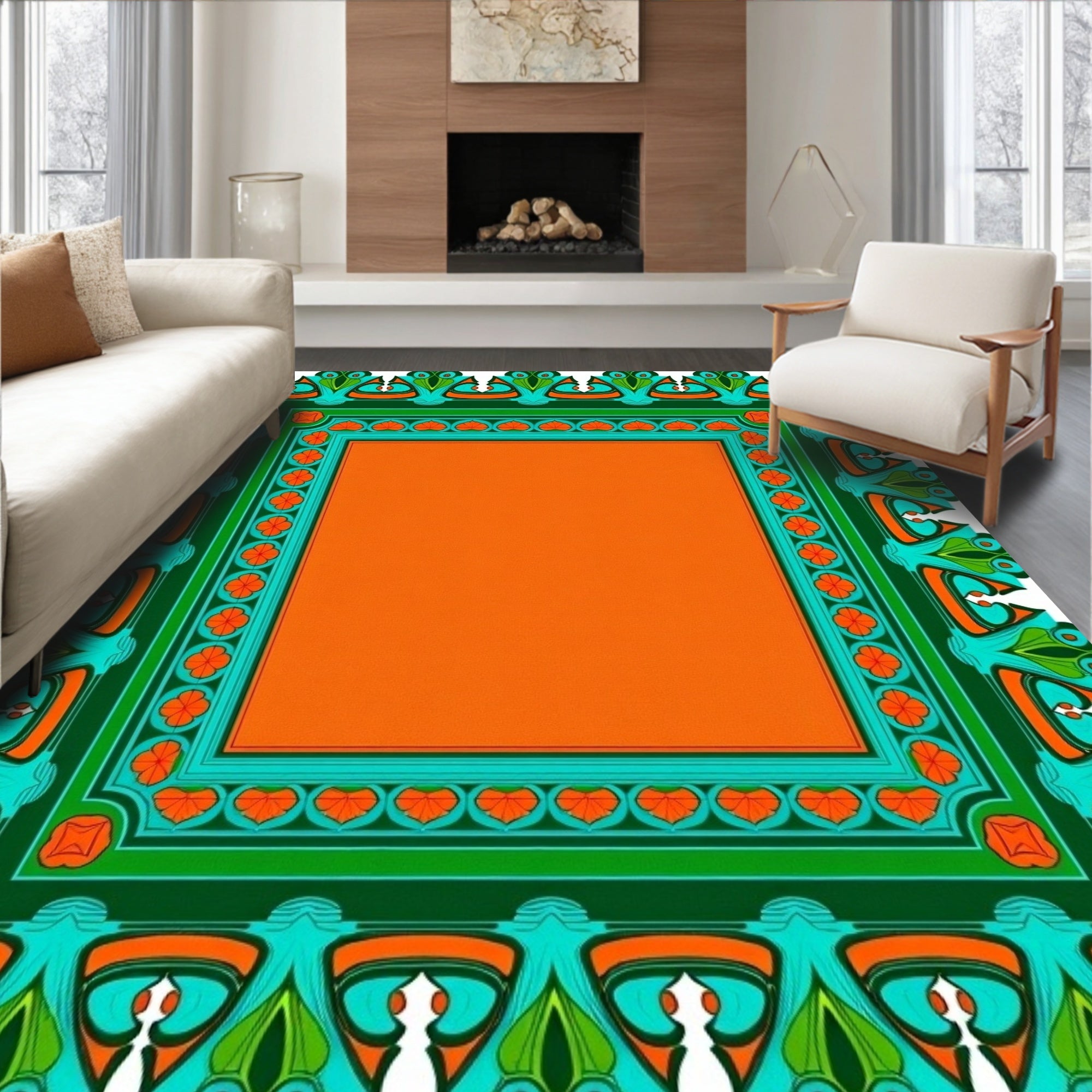 Bold Orange Teal Border Medallion Rug