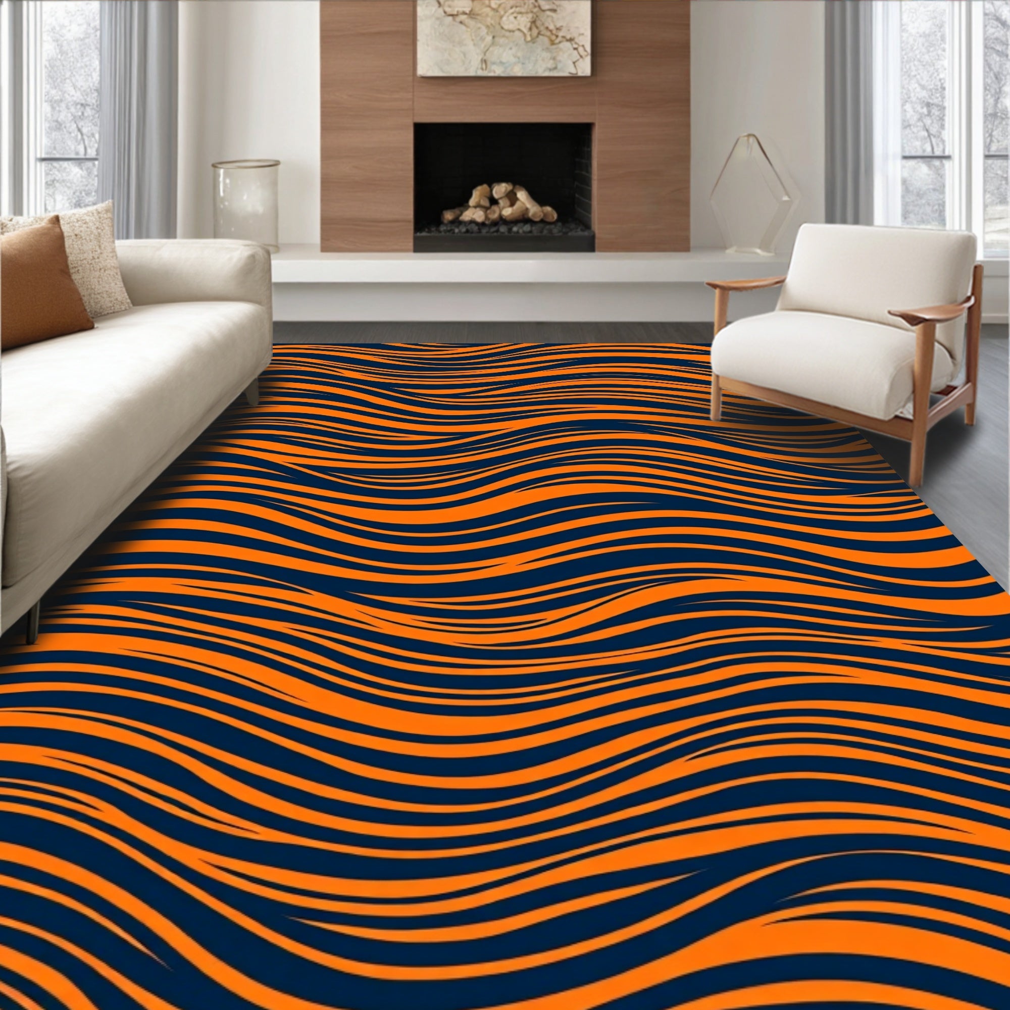 Vibrant Orange Wave Lines Rug