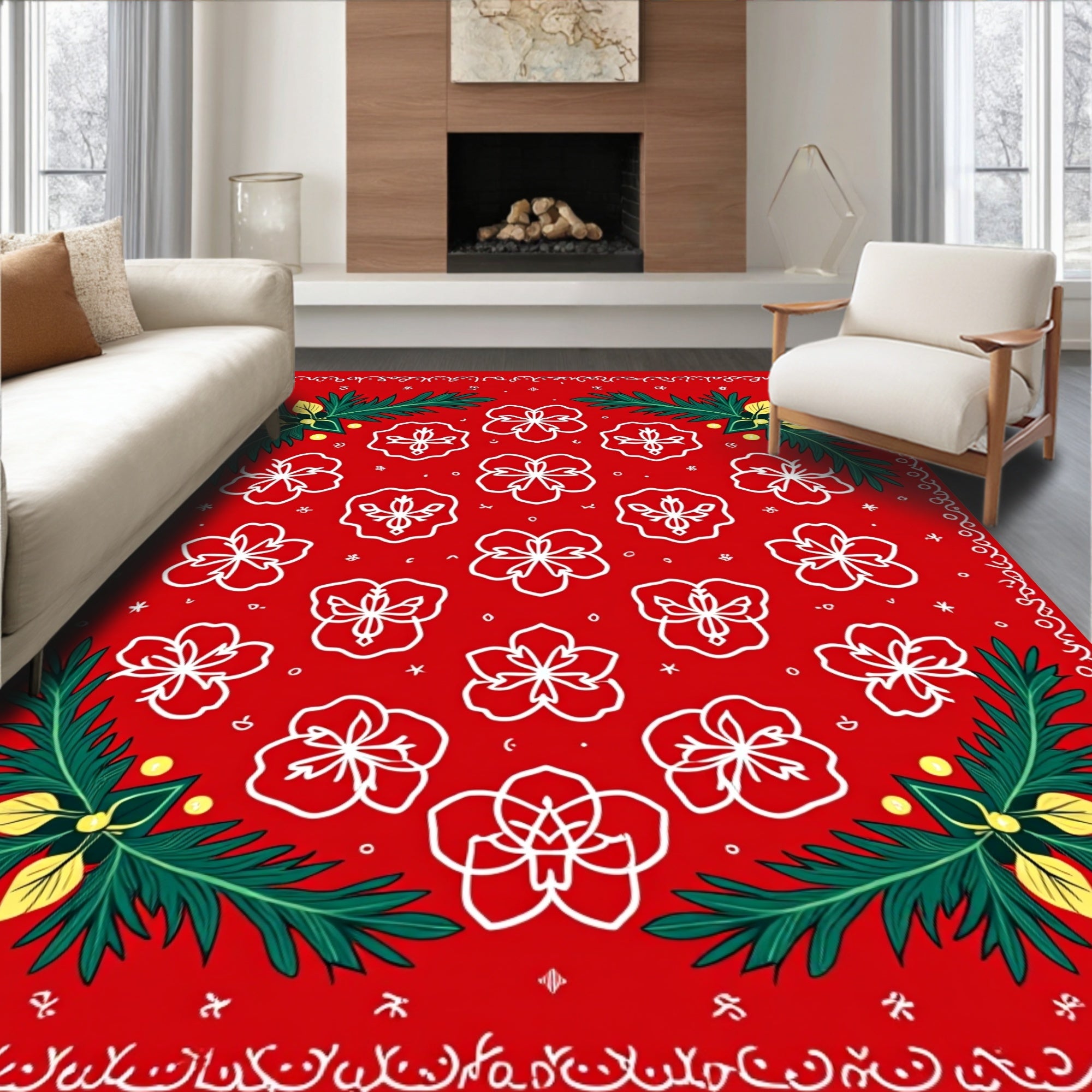 Red Festive Floral Branch Rug