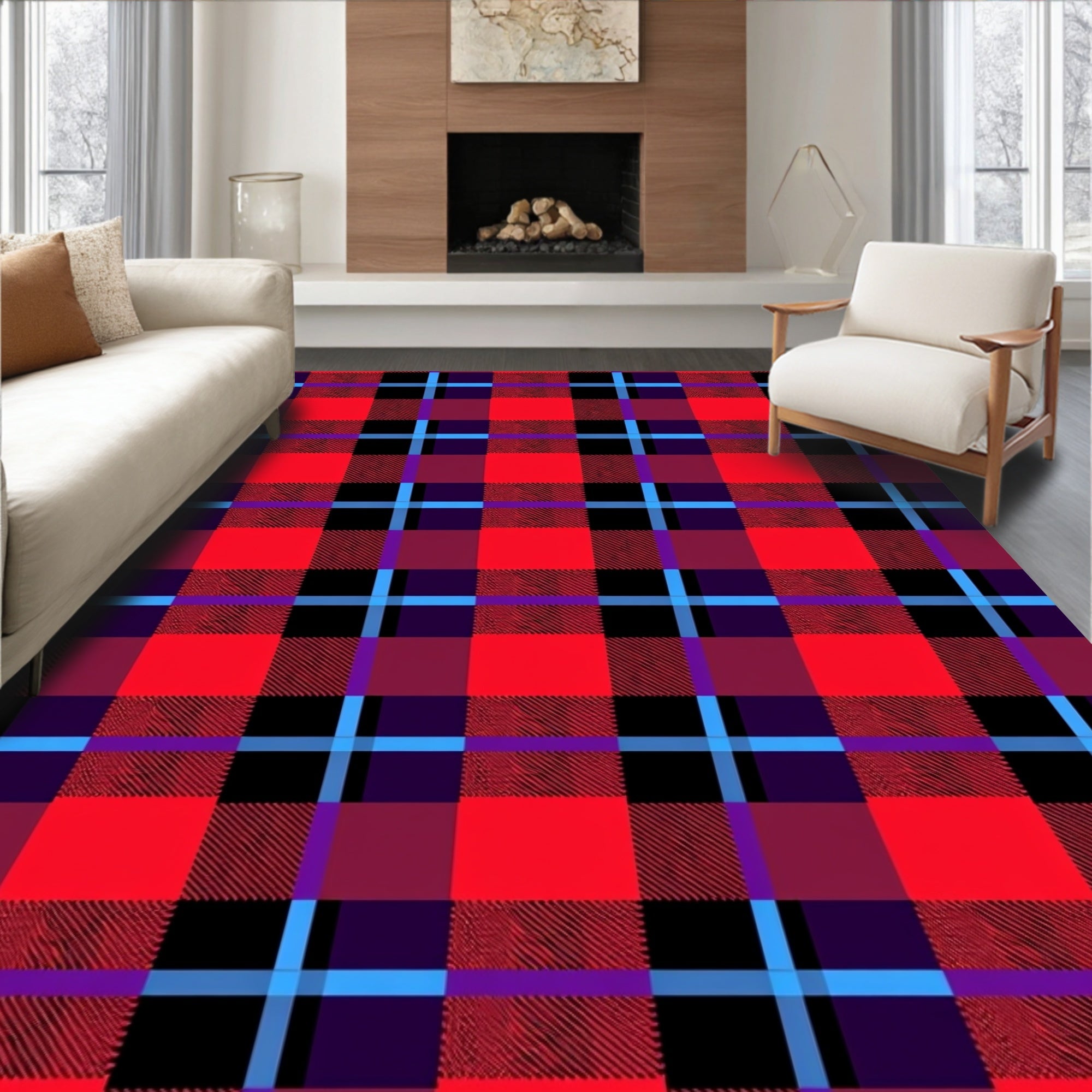 Classic Red Blue Plaid Tartan Squares Rug