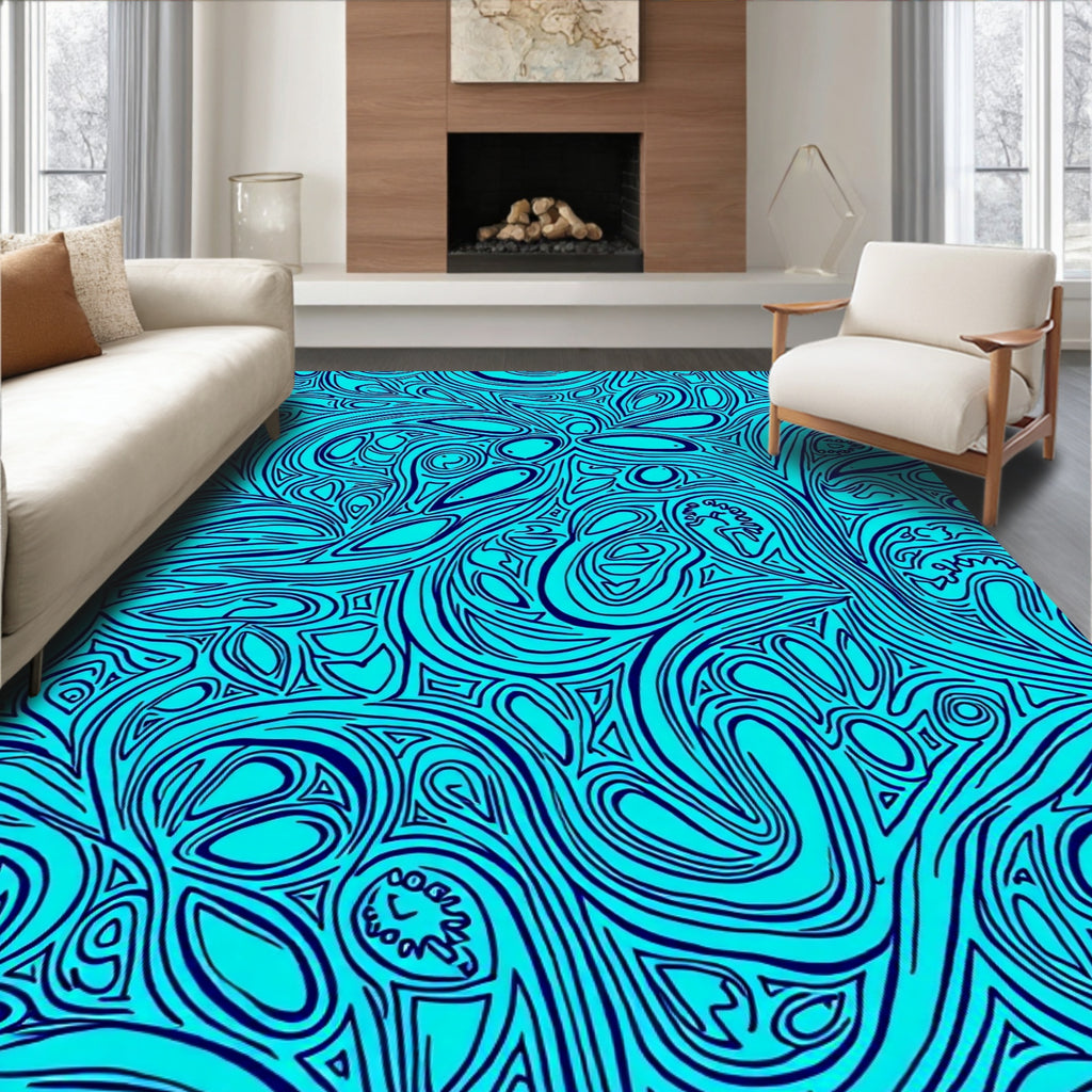 Oceanic Blue Swirling Organic Lines Rug