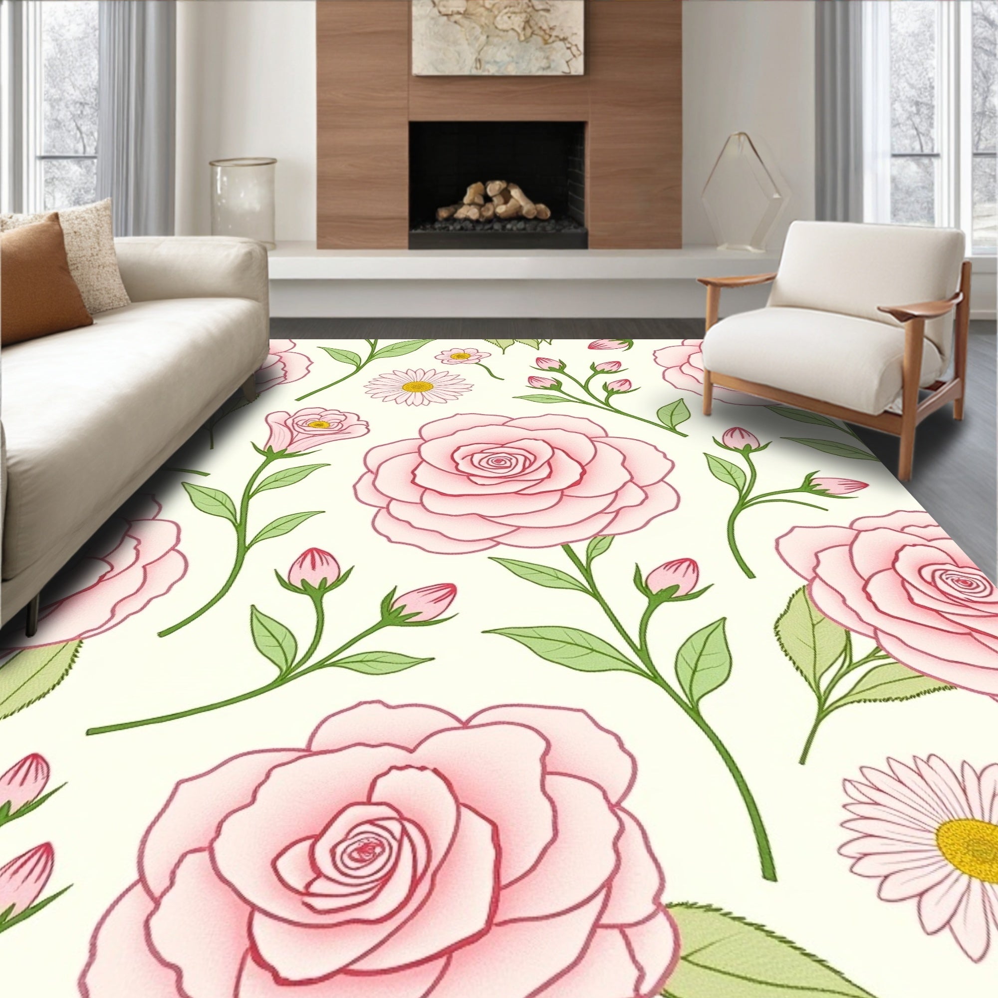 Soft Pink Rose Garden Illustration Rug