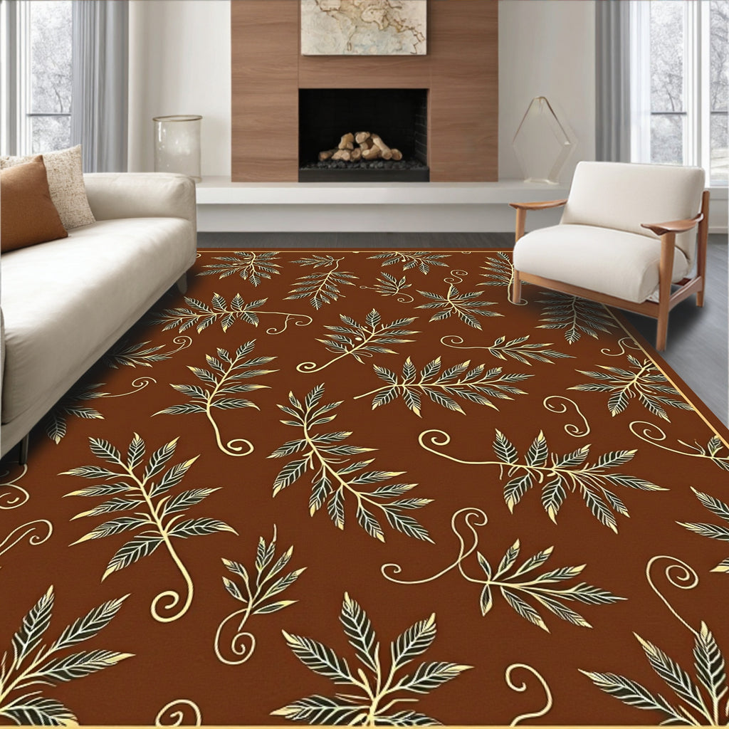 Brown Cream Leaf Branch Swirls Rug