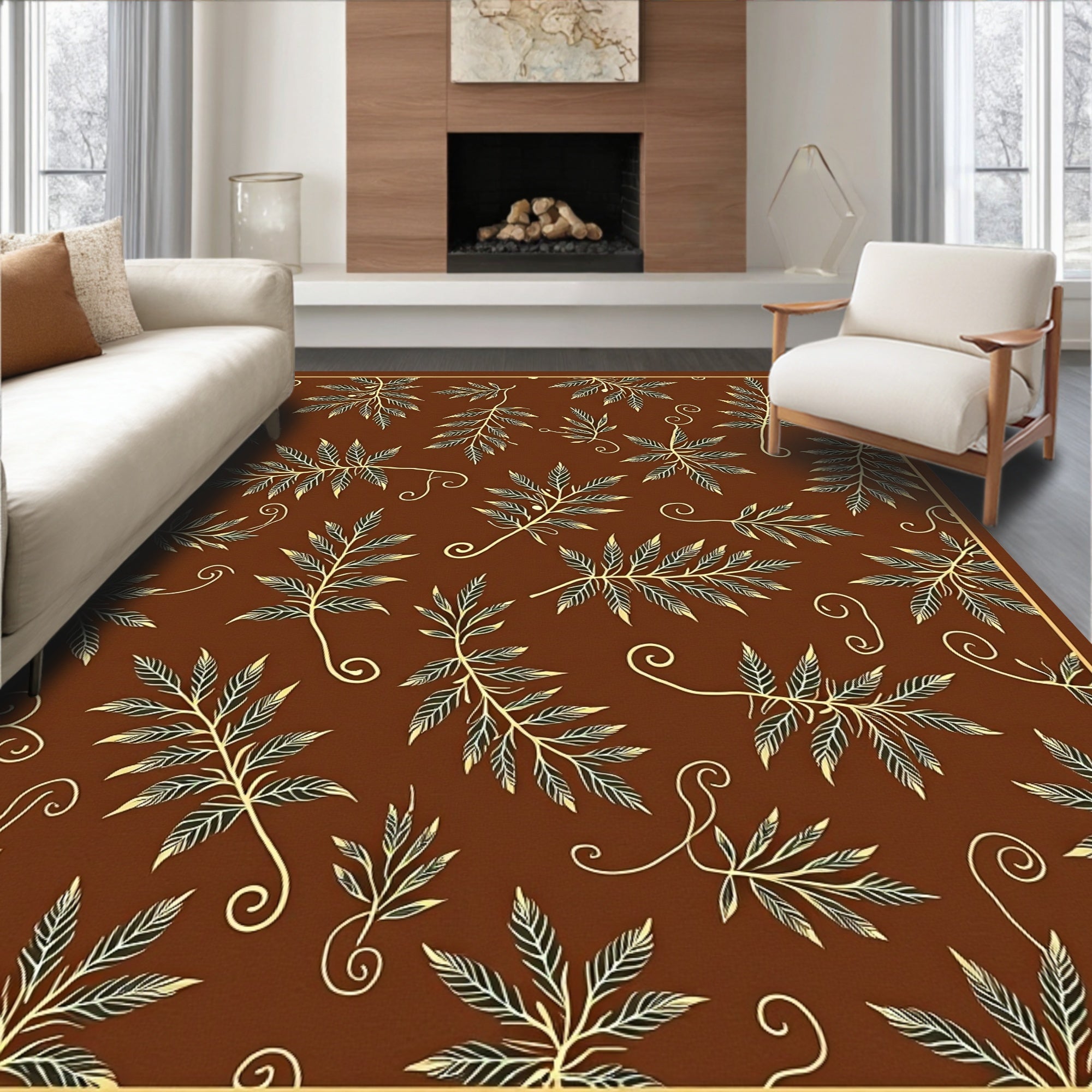 Brown Cream Leaf Branch Swirls Rug