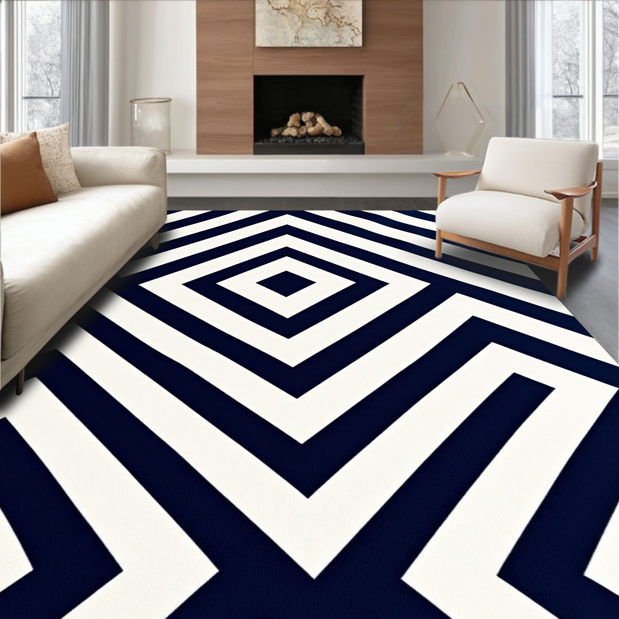 Navy White Geometric Diamond Maze Rug