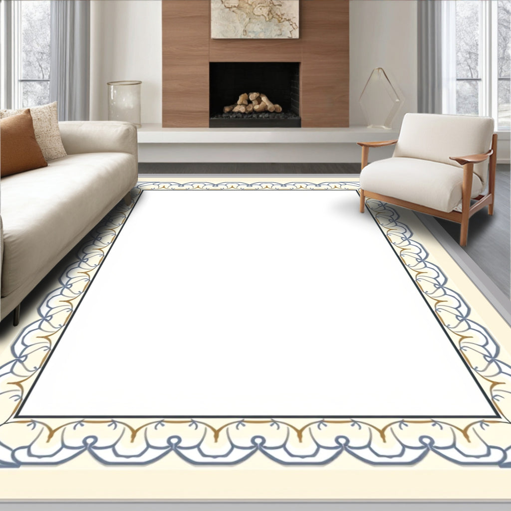 Cream Blue Gold Ornate Border Rug