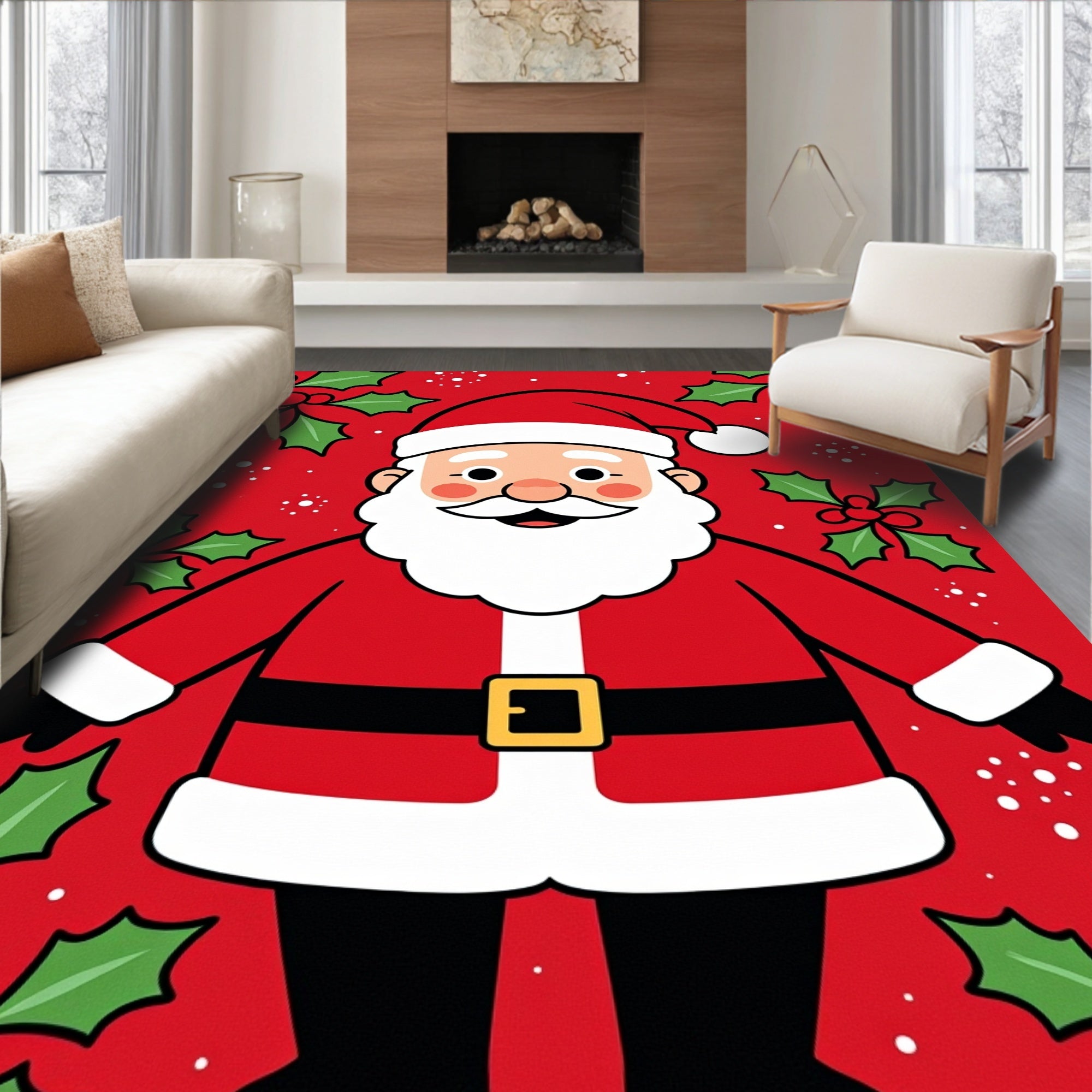 Merry Santa Claus Holly Berries Rug