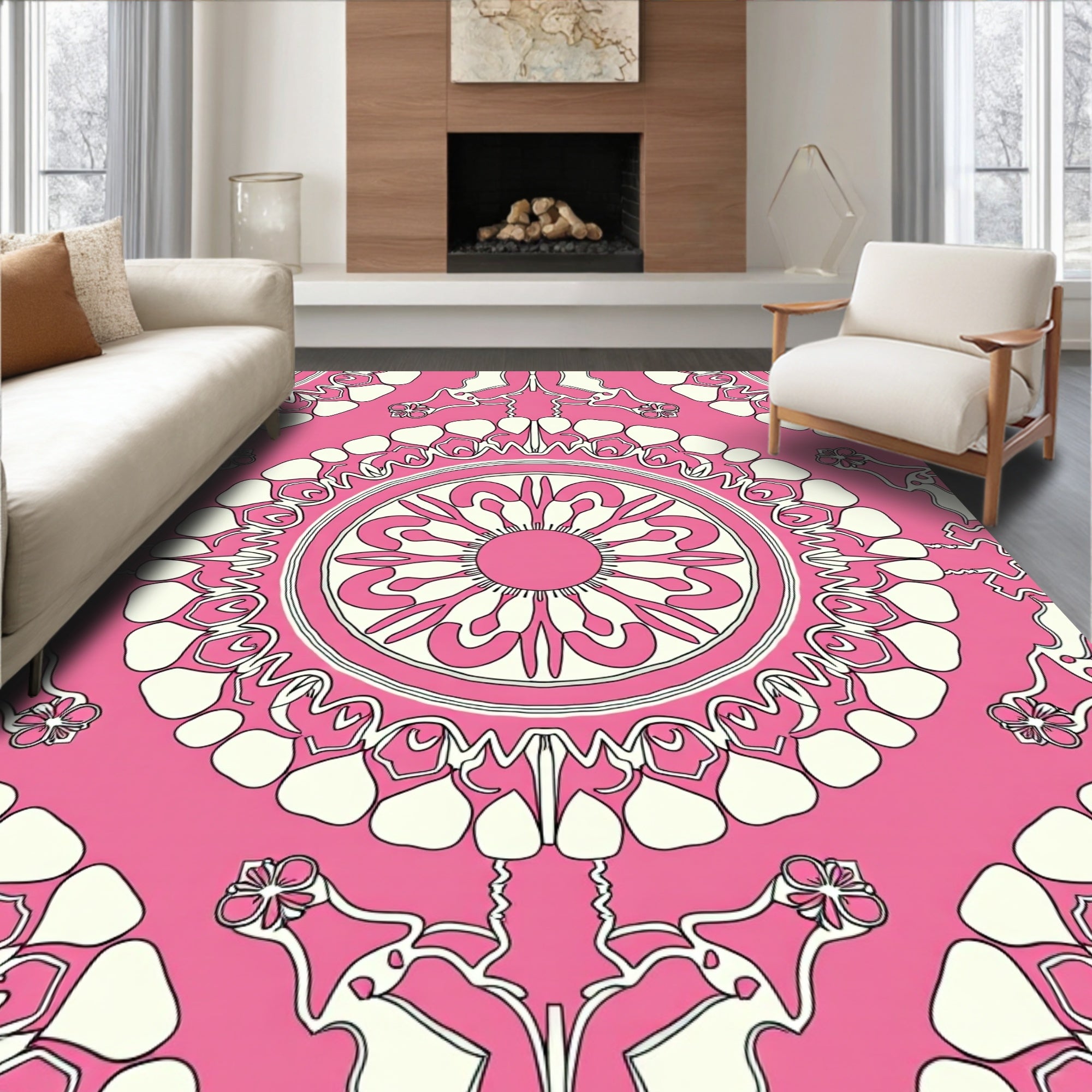 Pink Ivory Mandala Art Rug