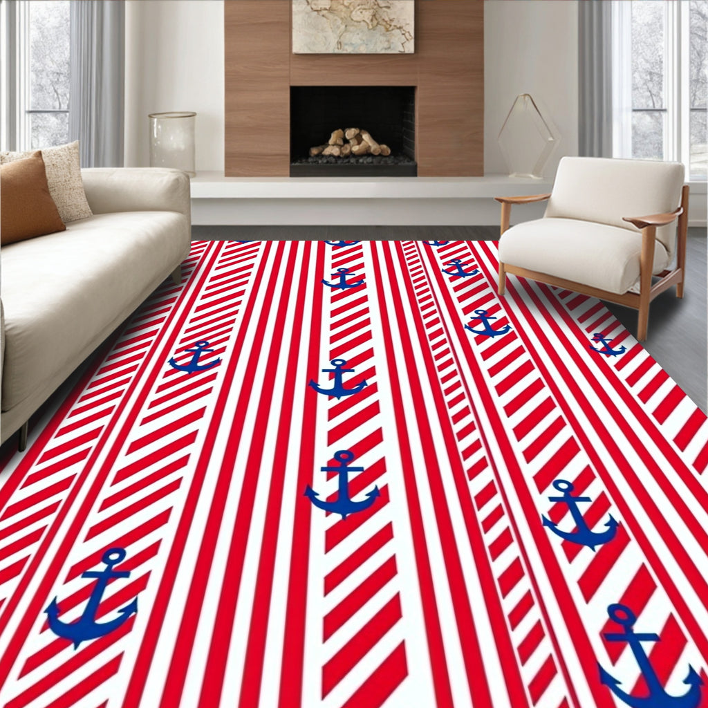 Nautical Red White Anchor Stripe Rug