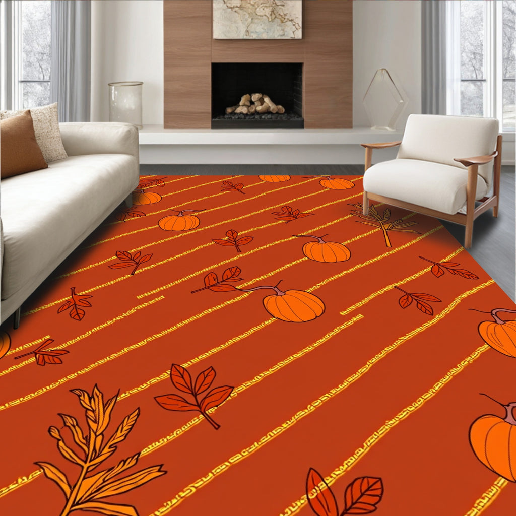 Autumn Orange Pumpkin Leaf Stripe Rug