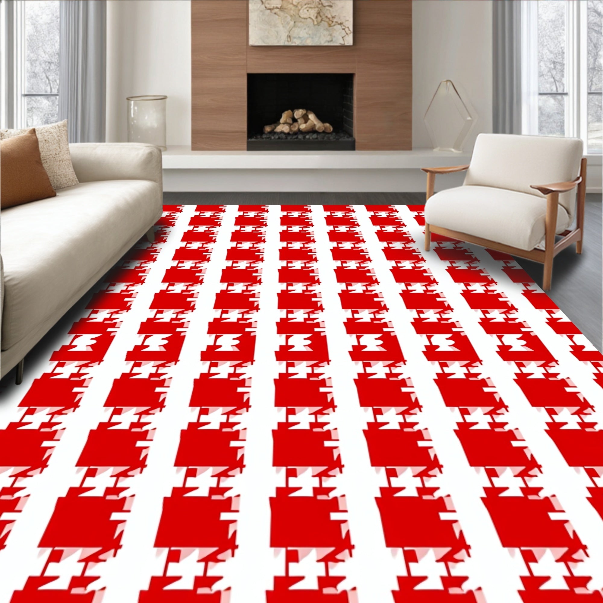 Bold Red Houndstooth Rows Rug