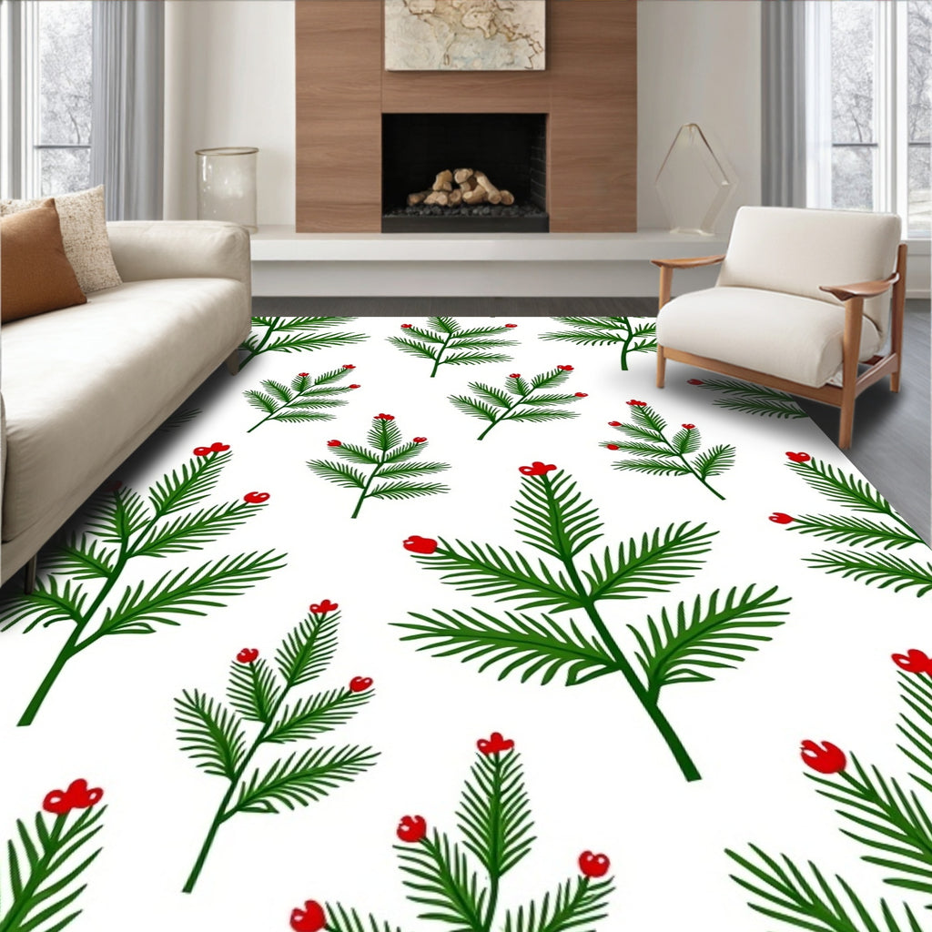 Green Holly Berry Branches on White Rug
