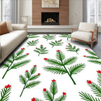 Green Holly Berry Branches on White Rug