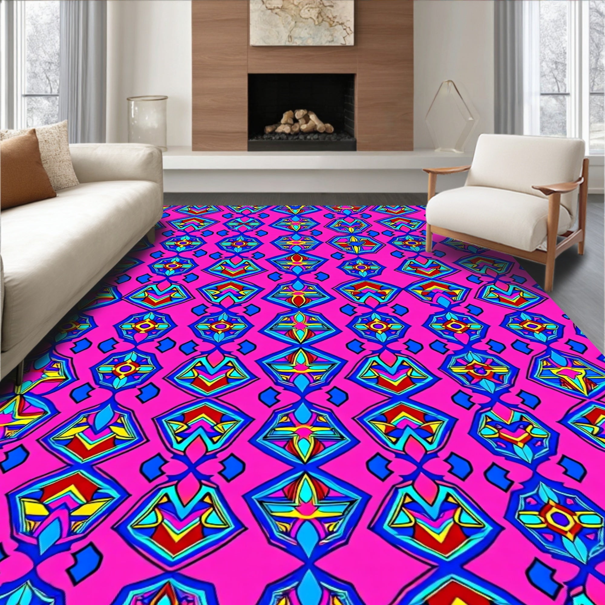 Pink Geometric Diamond Floral Collage Rug